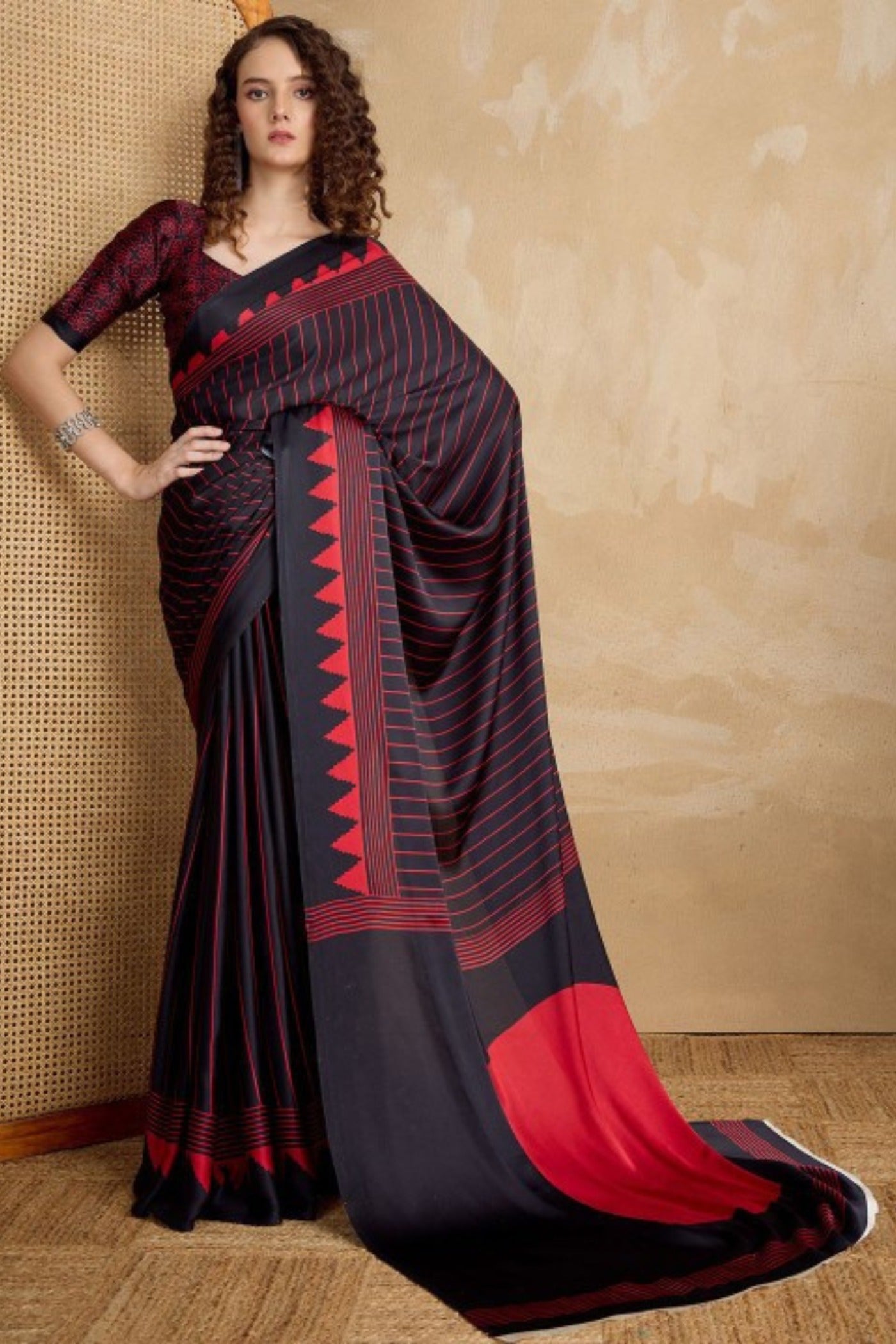 Buy MySilkLove Retro Black Ajrakh Printed Satin Crepe Silk Saree Online