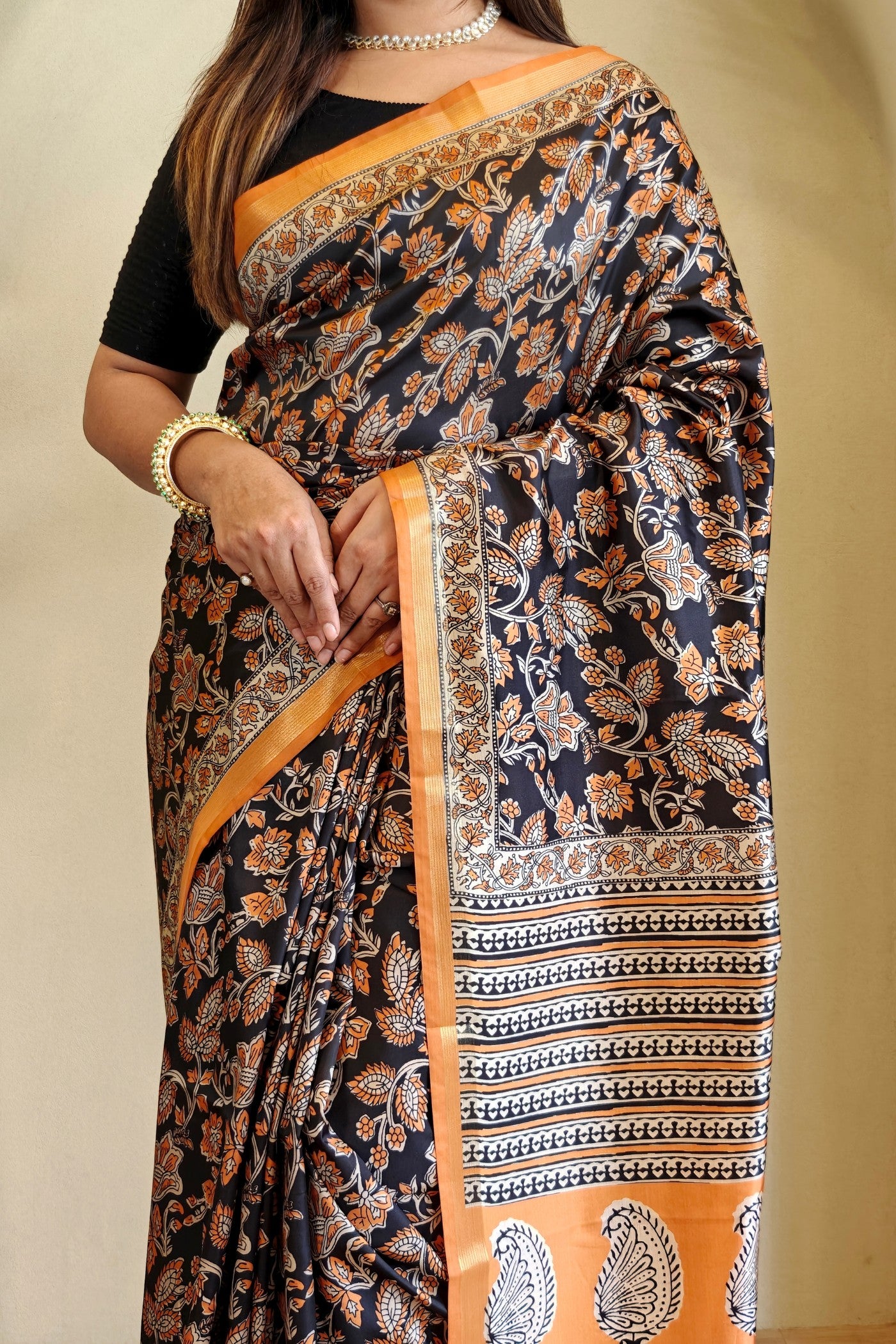 MySilkLove Coral Black and Orange Digital Printed Saree