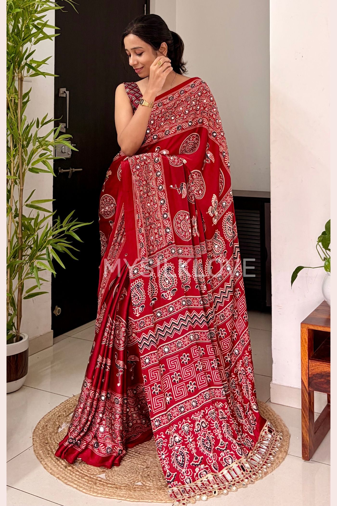 Buy MySilkLove Chili Red Ajrakh Satin Printed Mirror Work Saree Online