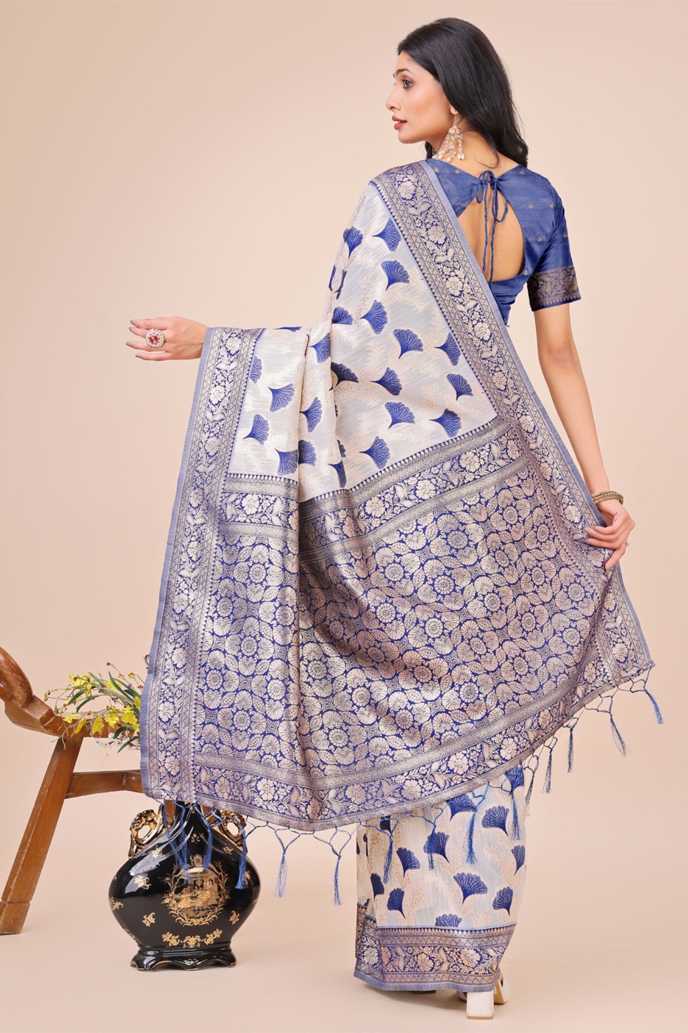 Buy MySilkLove Daisy White and Blue Linen Cotton Saree Online