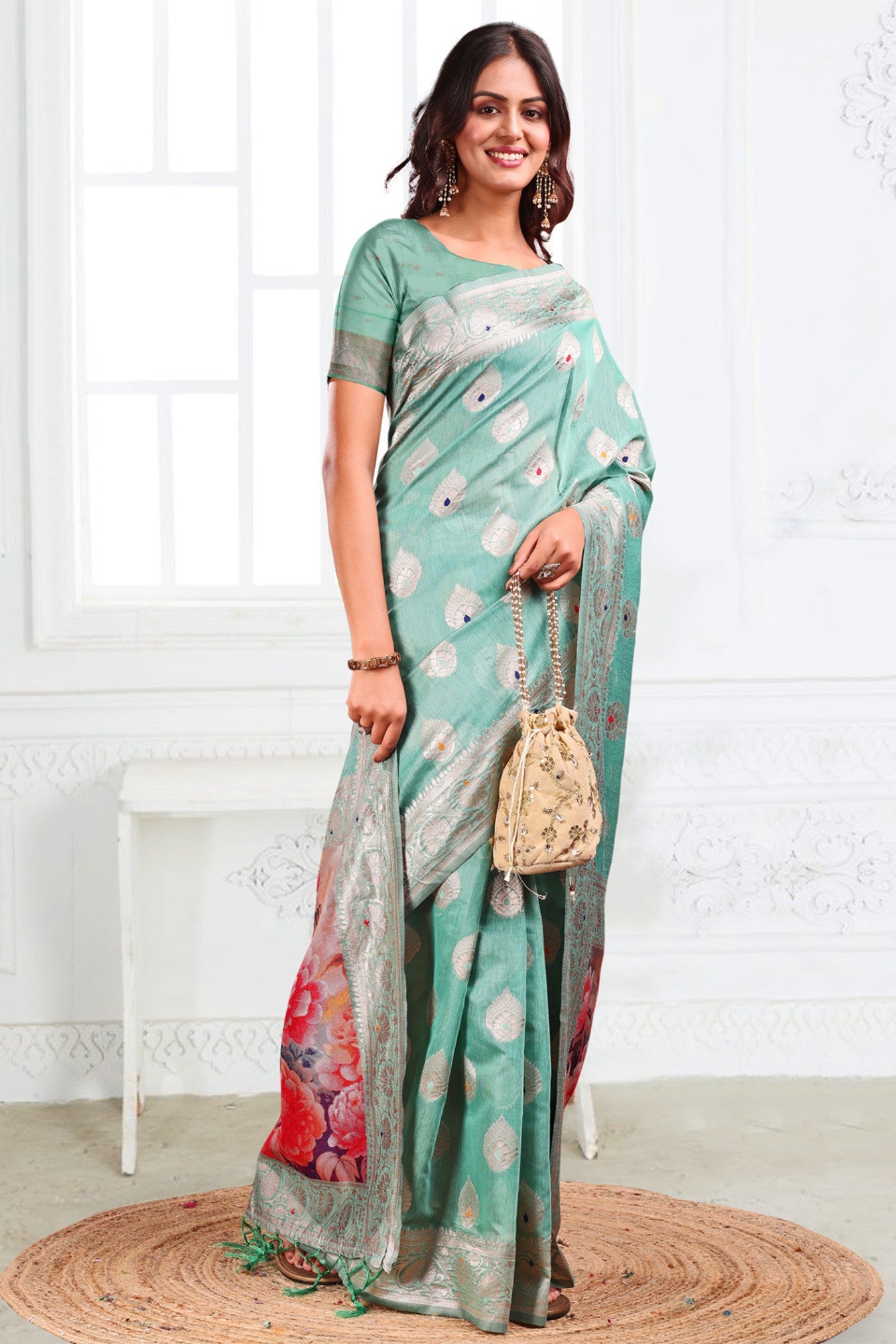 Buy MySilkLove Spring Green Woven Linen Cotton Saree Online