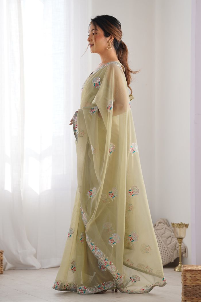 Buy MySilkLove Pale Goldenrod Green Partywear Net saree Online