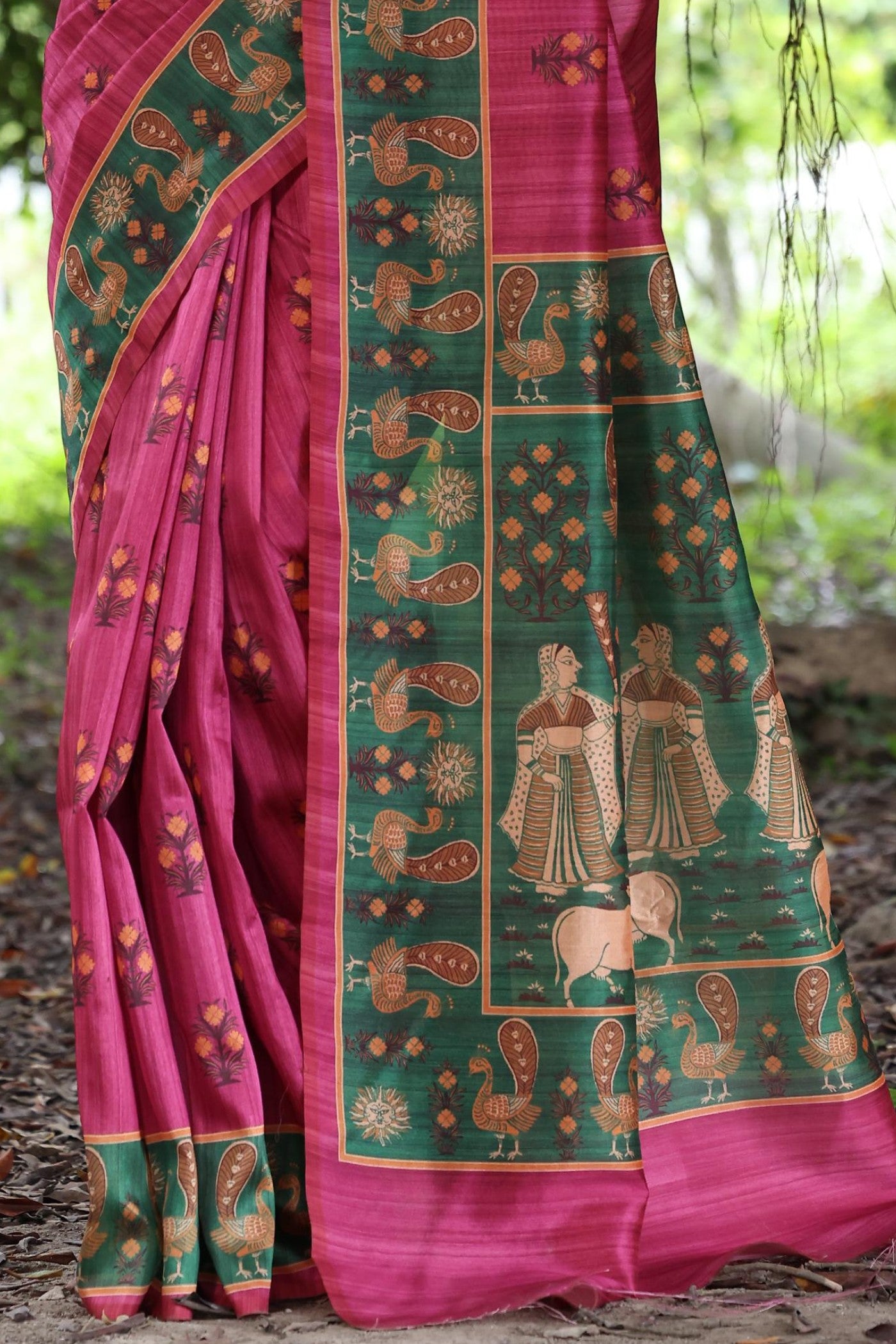 Buy MySilkLove Flamingo Pink Madhubani Tussar Printed Silk Saree Online