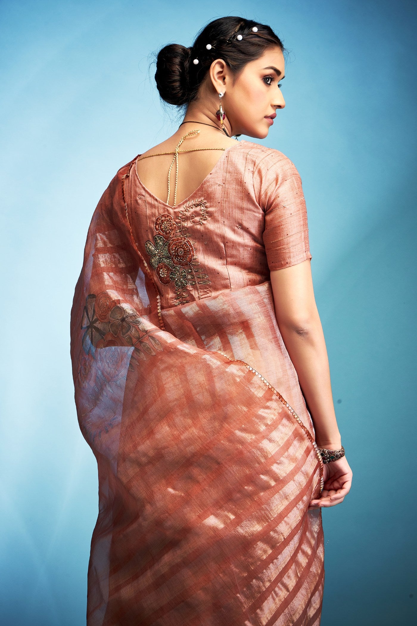 Buy MySilkLove Rust Orange Printed Tissue Saree Online