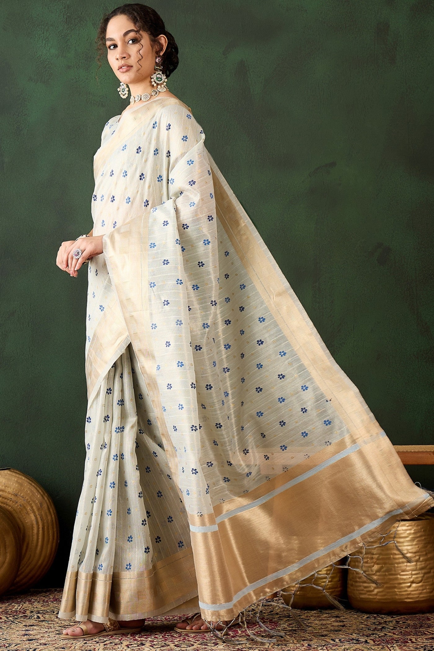 MySilkLove Pearl White Woven  Organza Saree