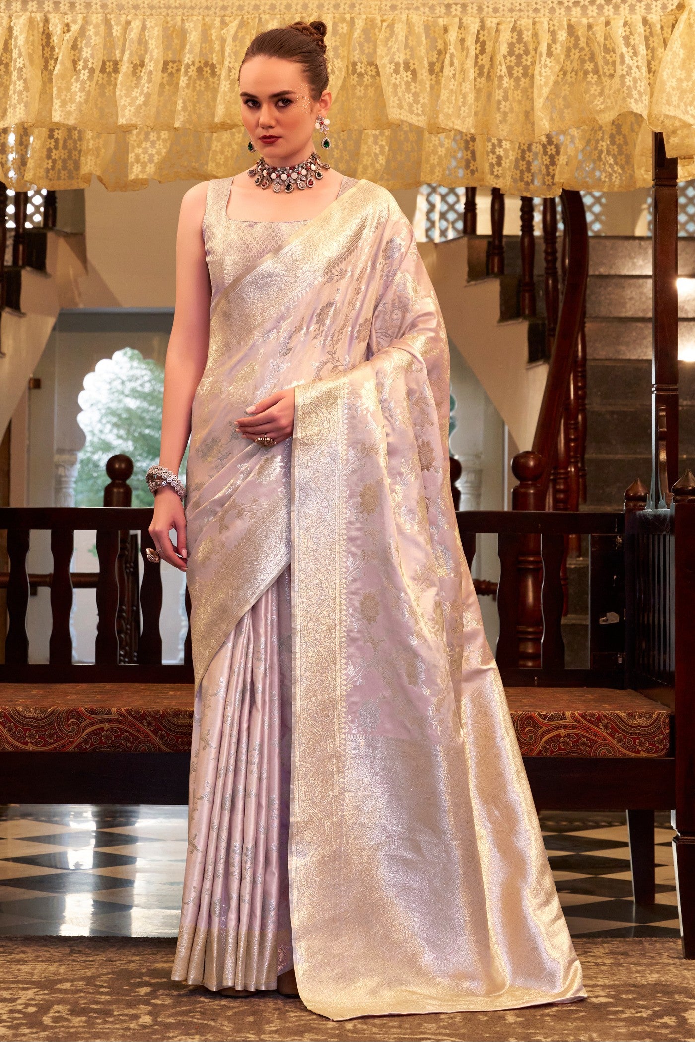 Buy MySilkLove Lilac Purple Woven Banarasi Satin Soft Silk Saree Online