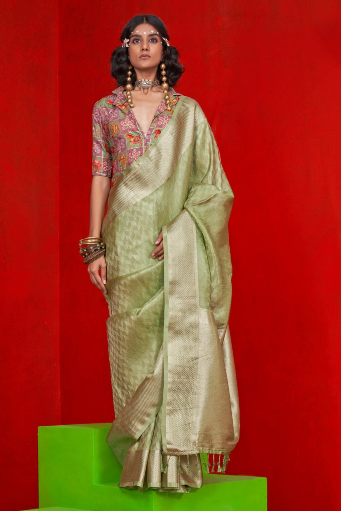 Buy MySilkLove Olive Green Woven Tissue Silk Saree Online