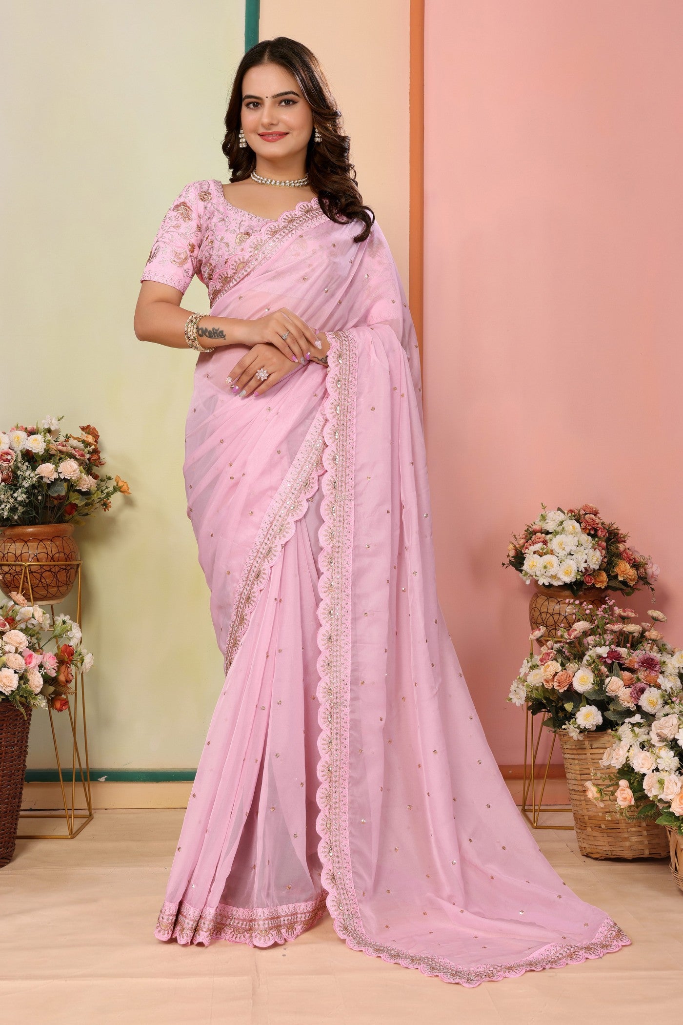 Buy MySilkLove Flamingo Pink Organza Designer Partywear Saree Online