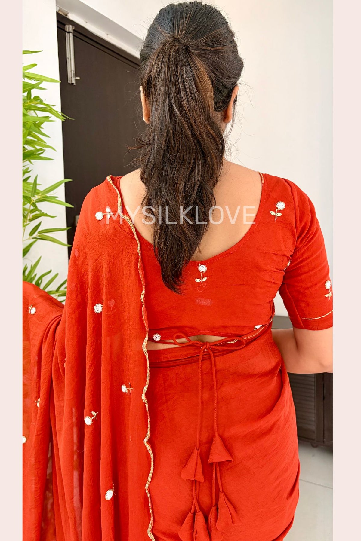 Buy MySilkLove Burnt Orange Georgette Floral Sequins Bid Work Saree Online