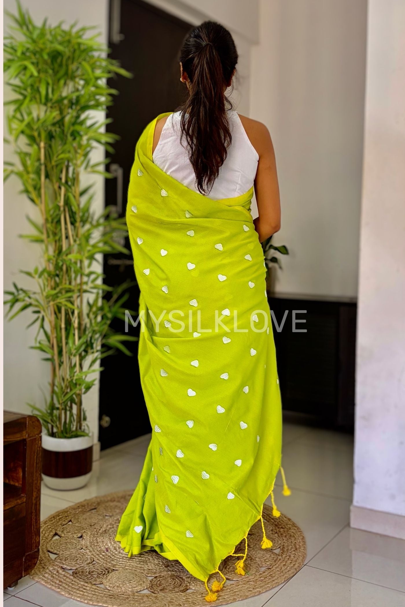 Buy MySilkLove Parrot Green Mul cotton Heart Thread Woven Saree Without Blouse Online