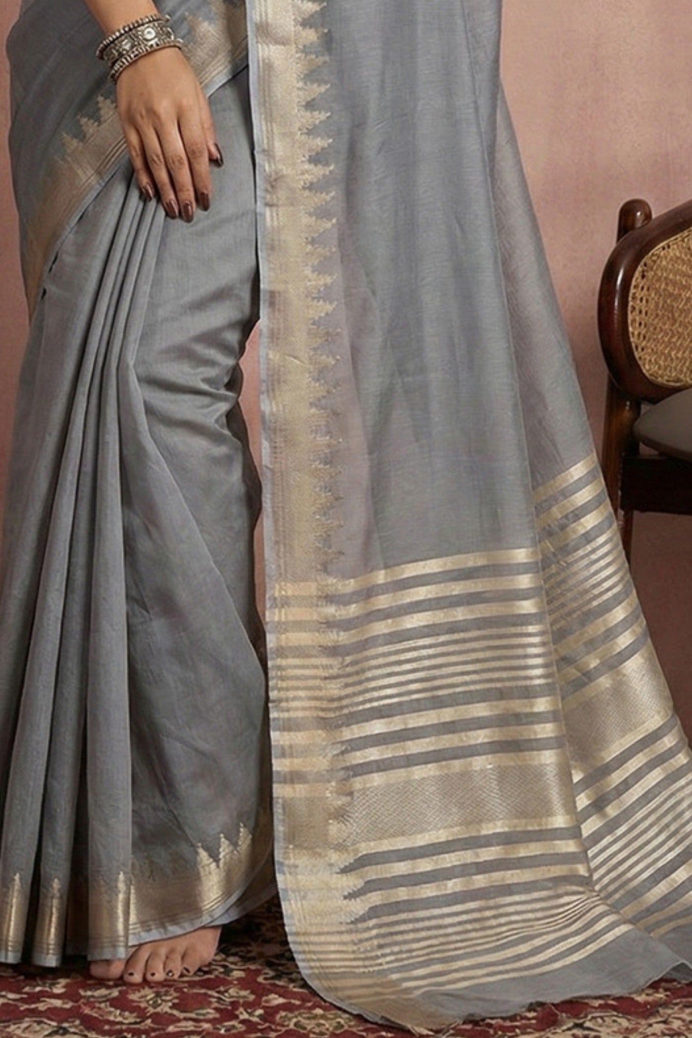Buy MySilkLove Cadet Grey Woven Banarasi Soft Silk Saree Online
