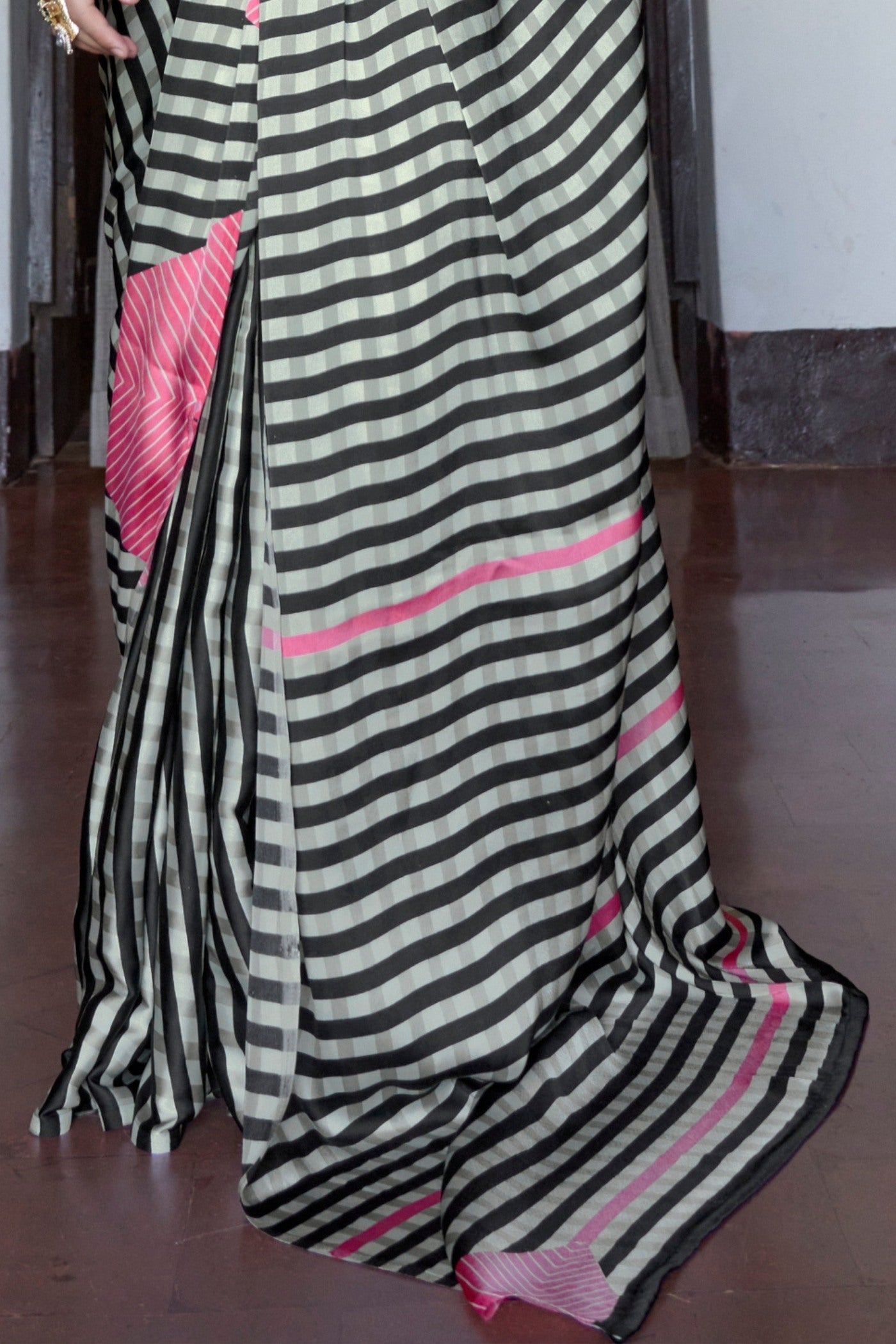 Buy MySilkLove Tuna Black and White Stripes Printed Satin Crepe Silk Saree Online