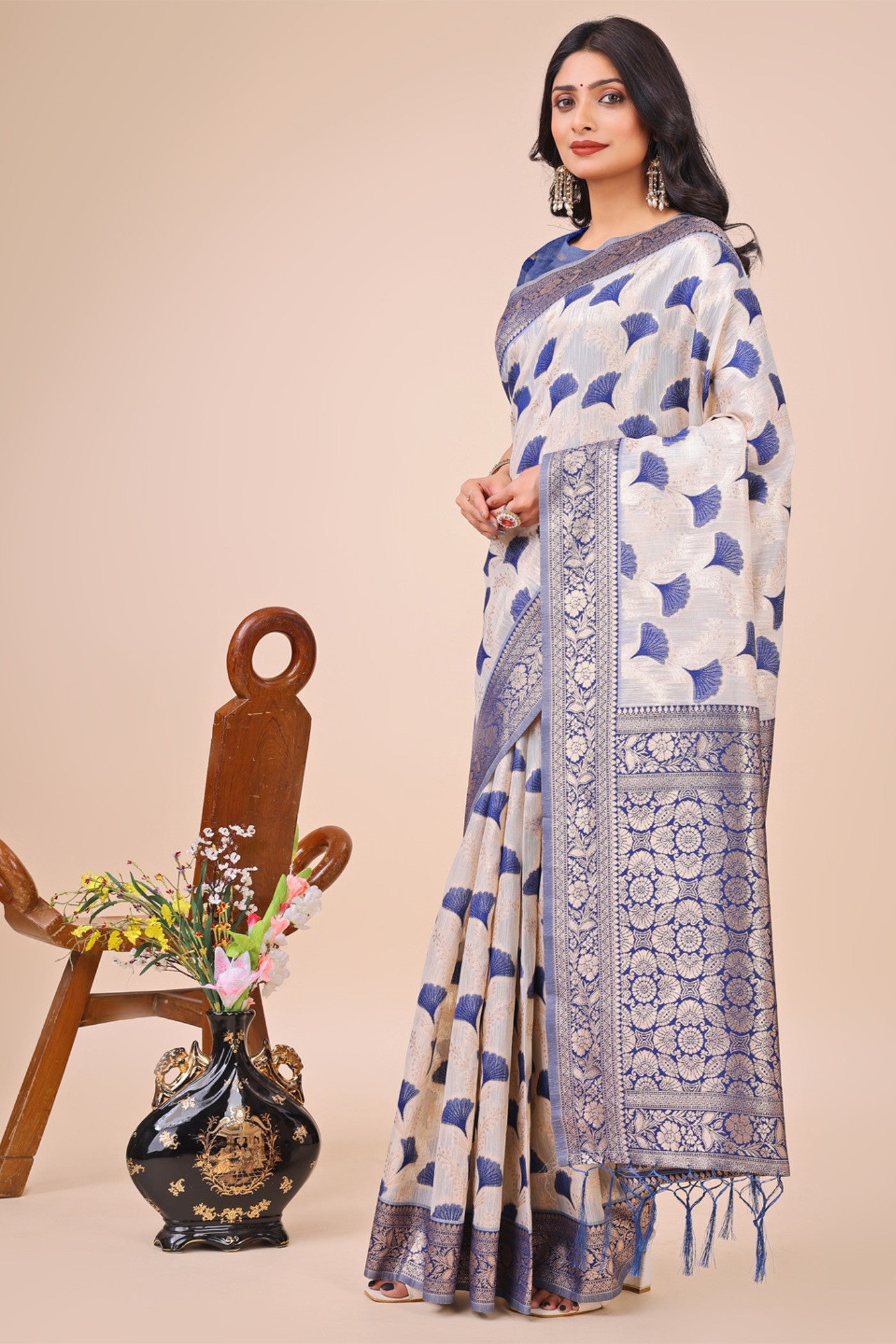 Buy MySilkLove Daisy White and Blue Linen Cotton Saree Online