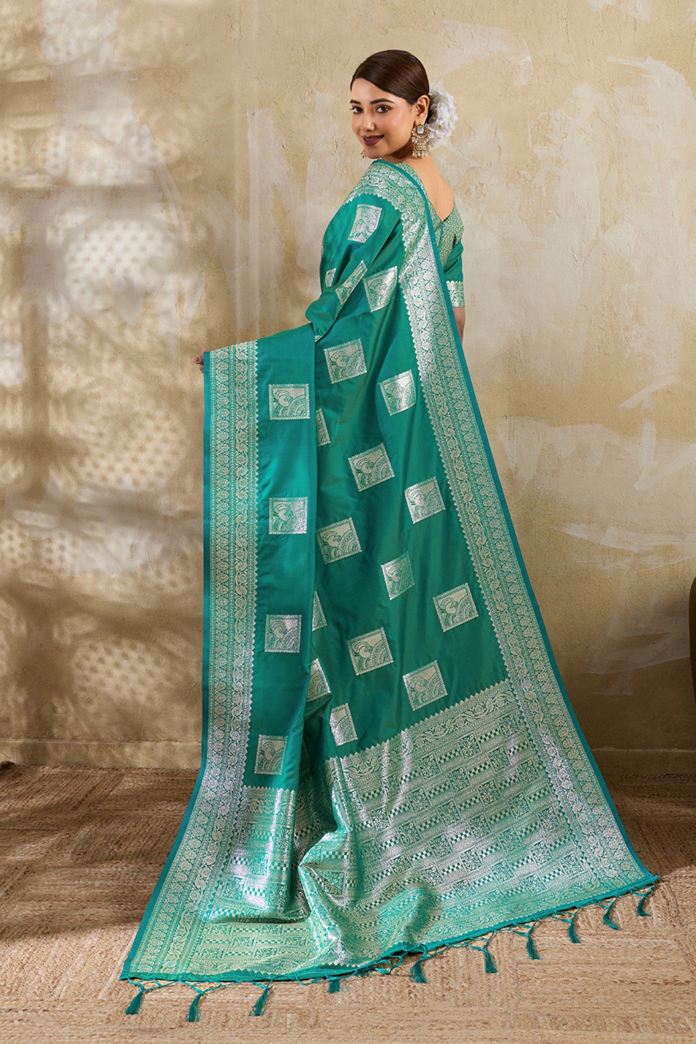 Buy MySilkLove Myrtle Green Woven Banarasi Soft Silk Saree Online