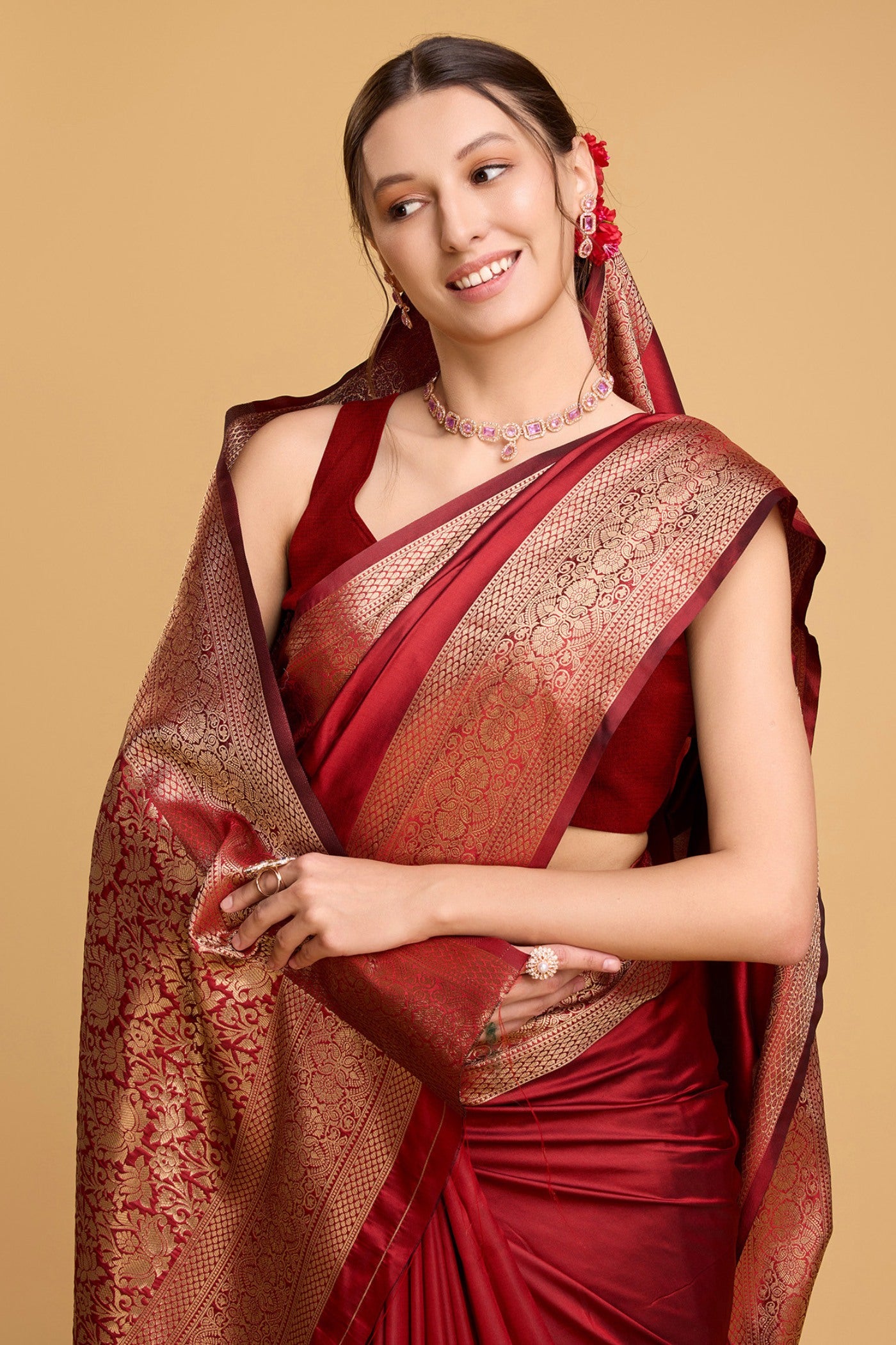 Buy MySilkLove Brick Maroon Woven Banarasi Saree Online