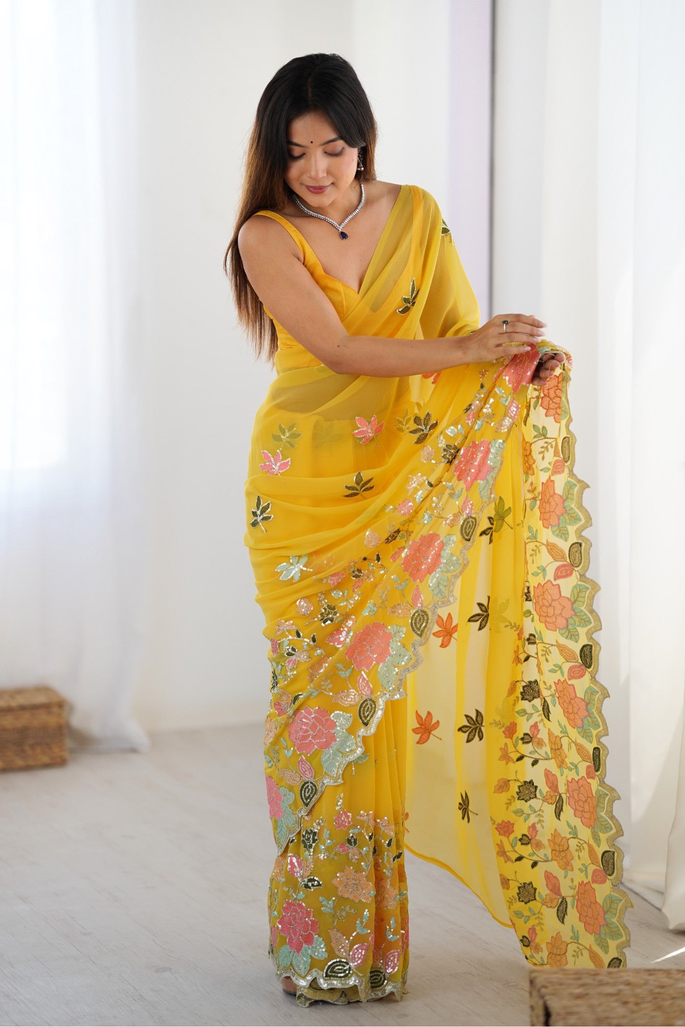 Buy MySilkLove Sunny Yellow Yellow Georgette Partwaer Saree Online