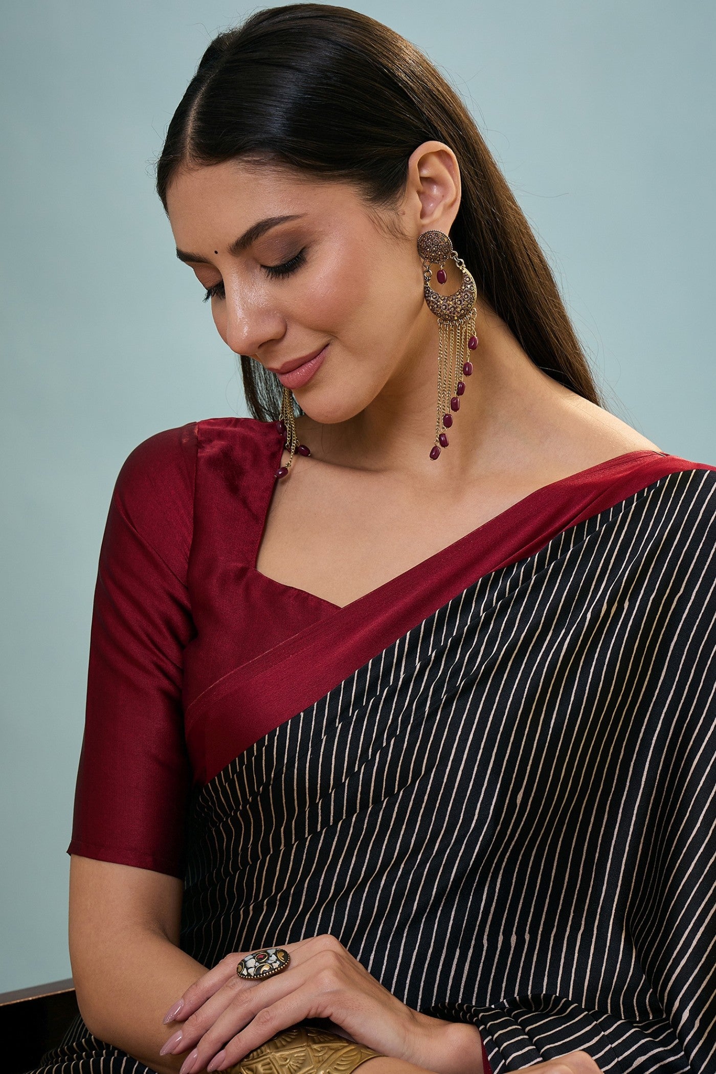 MySilkLove Black Olive Ajrakh Printed Satin Crepe Silk Saree