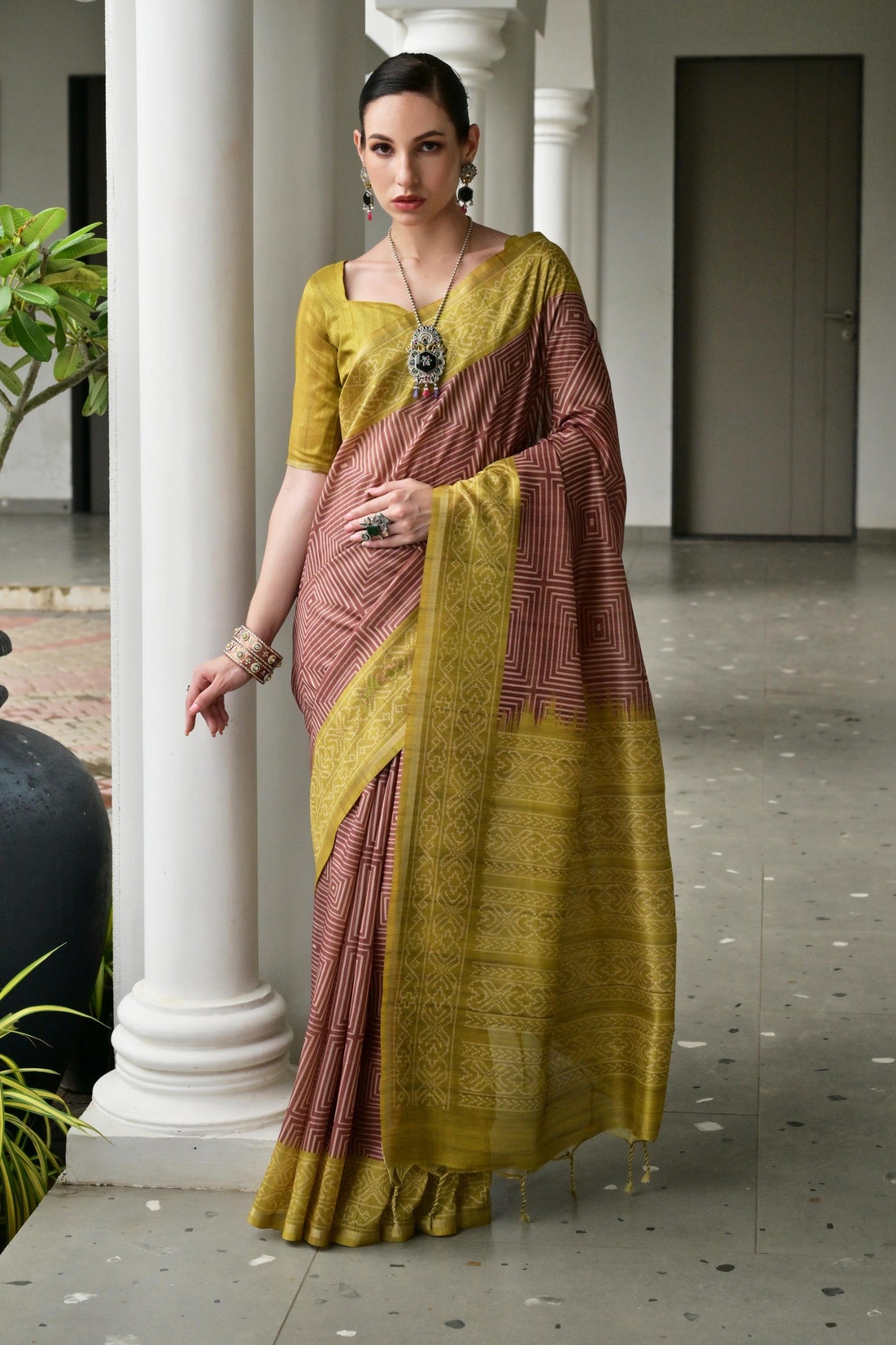 Buy MySilkLove Umber Brown and Green Printed Tussar Silk Saree Online