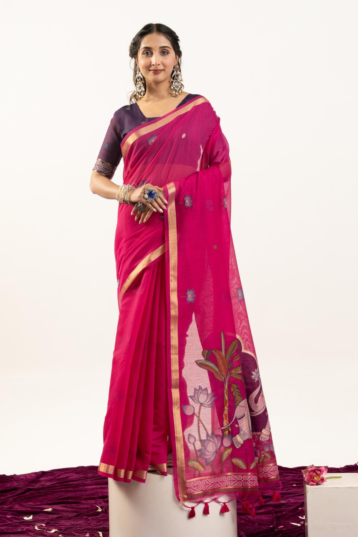 Buy MySilkLove Cherry Pink Woven Soft Muga Cotton Saree Online