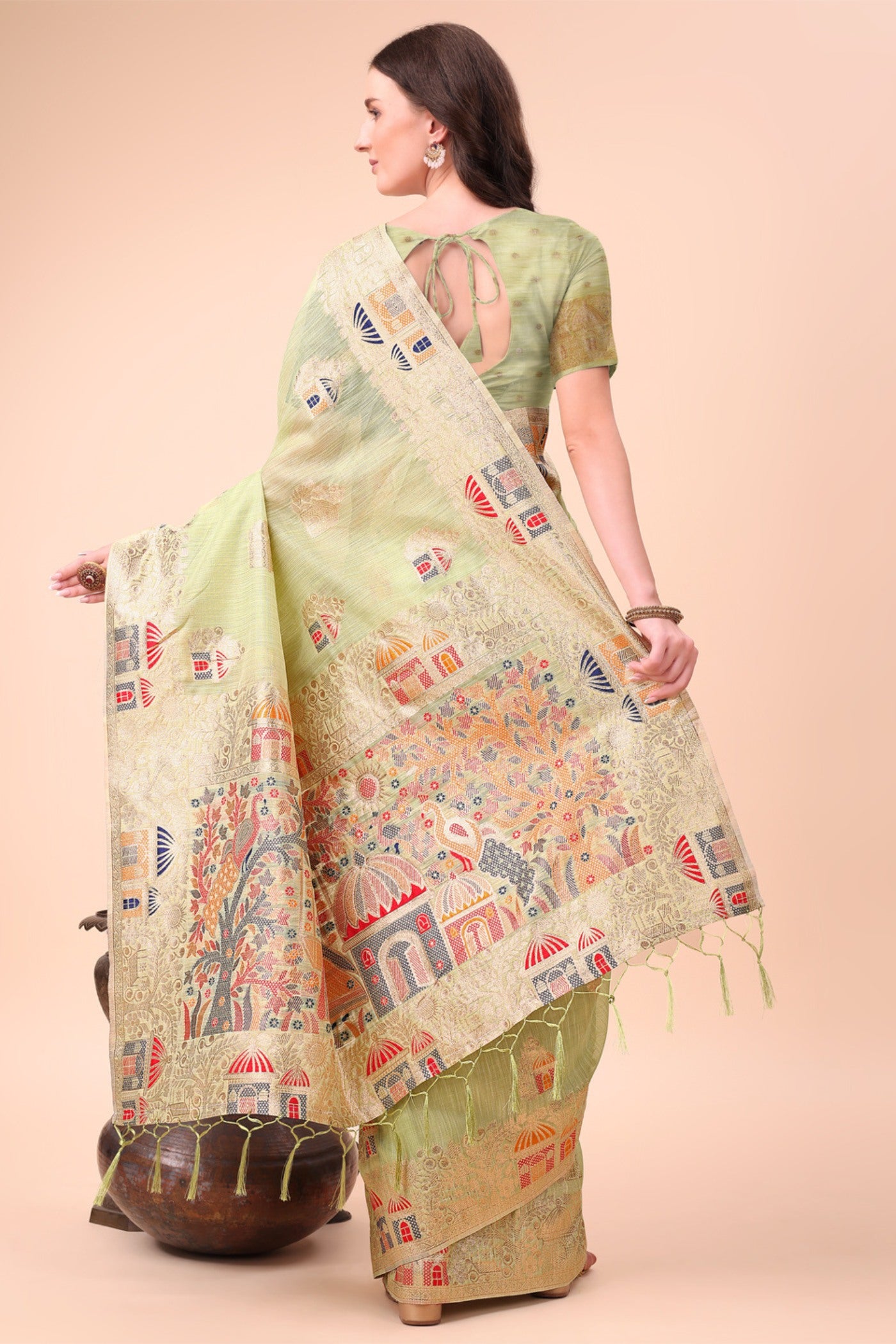 Buy MySilkLove Apple Green Linen Cotton Saree Online