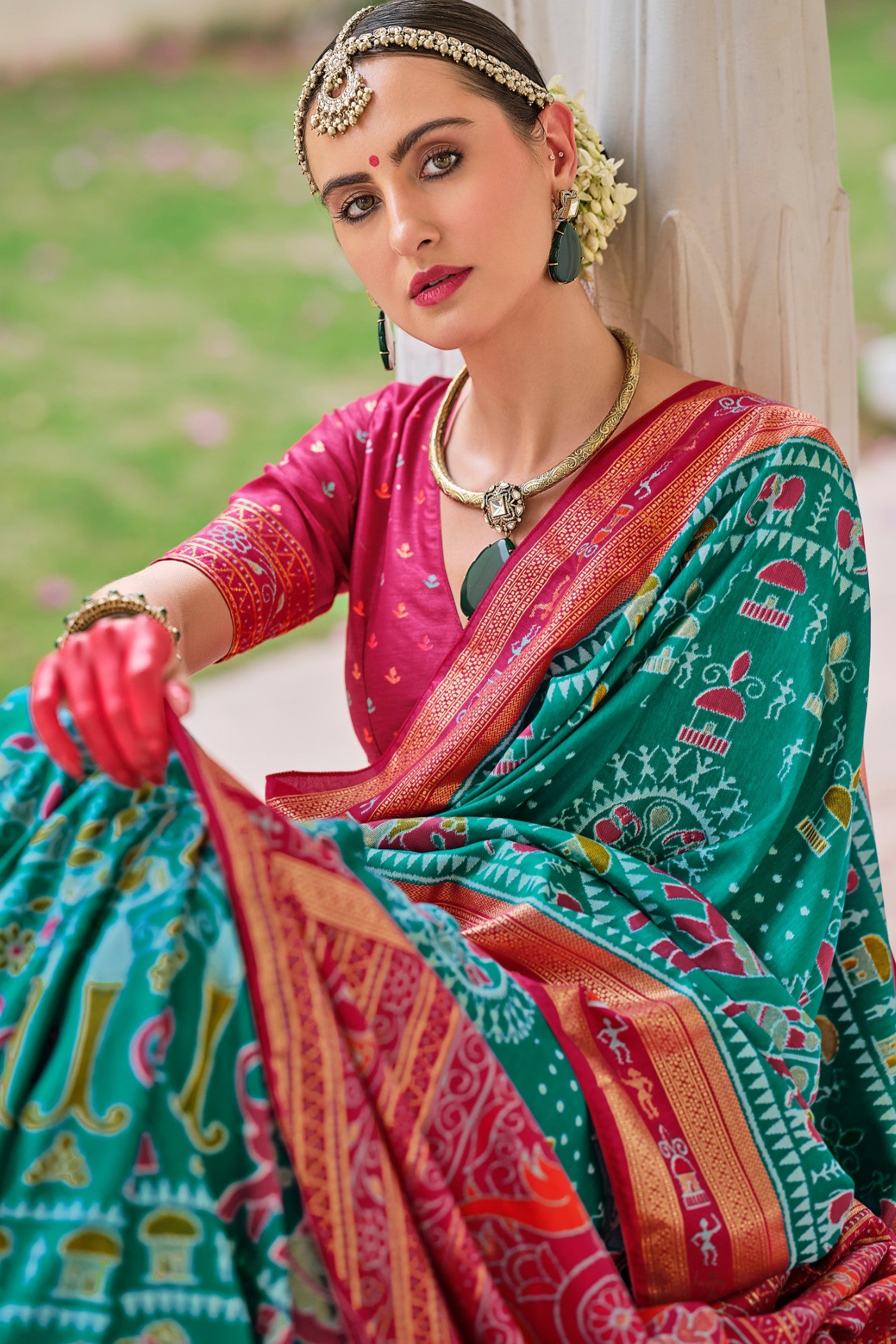 Buy MySilkLove Jungle Green and Pink Printed Patola Saree Online