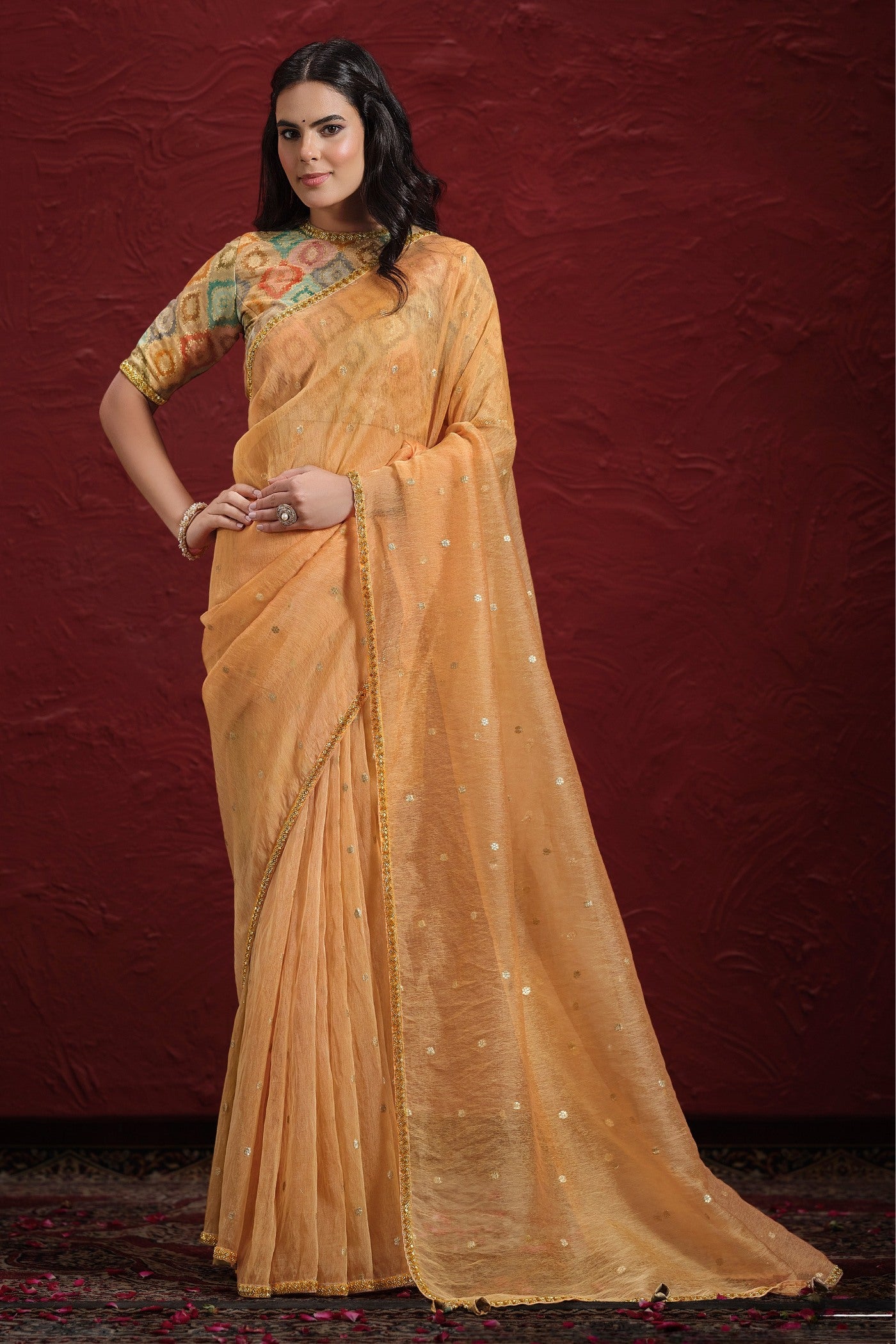 Buy MySilkLove Neon Orange Two Tone Tussar Saree with Stitched Blouse Online