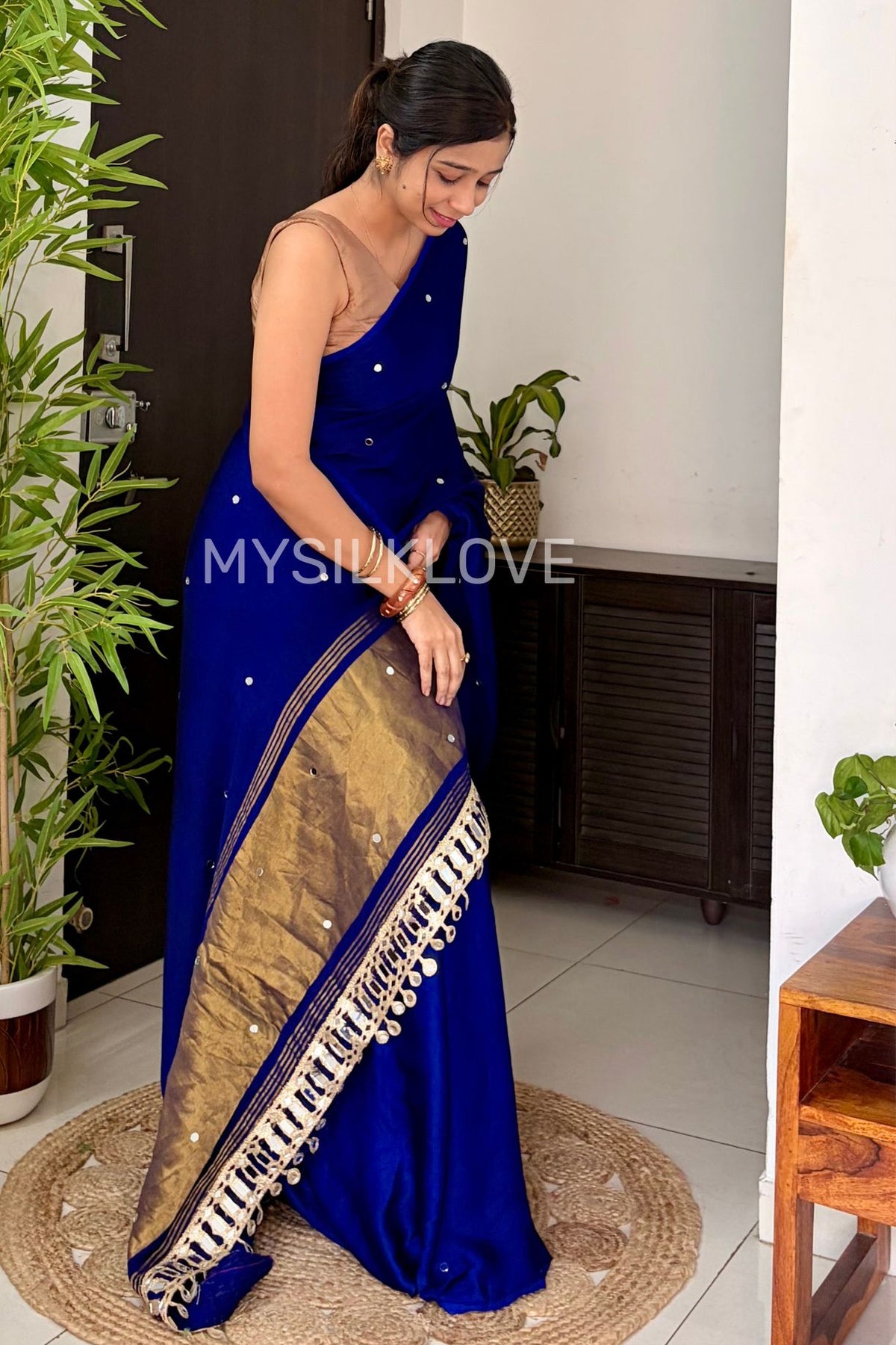 Buy MySilkLove Lapis Blue Pure Gajji Modal Silk Mirror Work Saree with Lagdi Zari Pallu Online