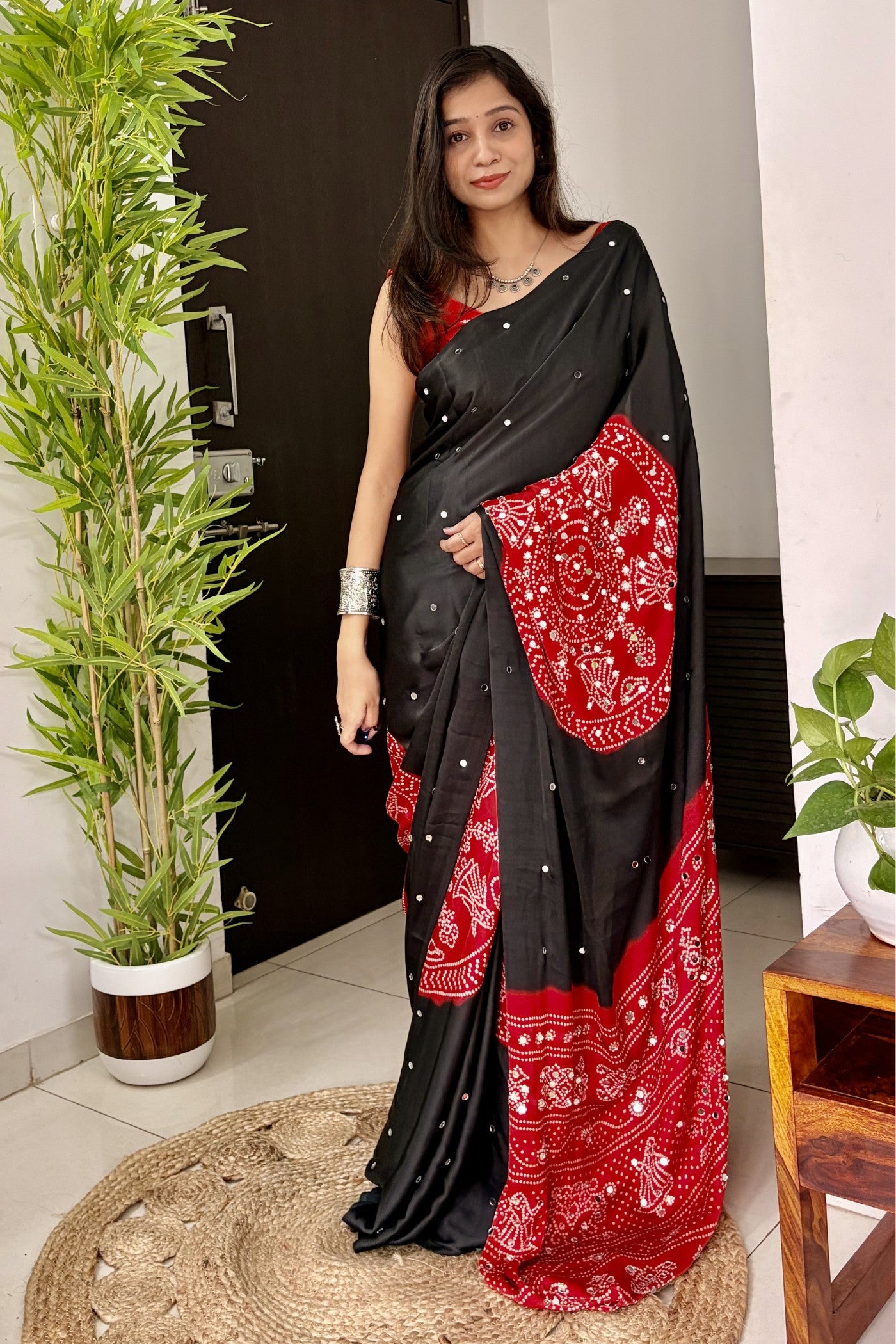 Buy MySilkLove Charcoal Black and Red Gaji Bandej Satin Soft Silk Saree Online
