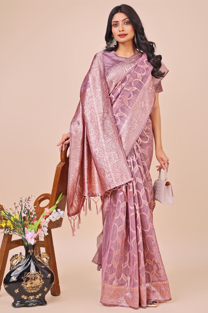 Buy MySilkLove Bubble Pink Linen Cotton Saree Online