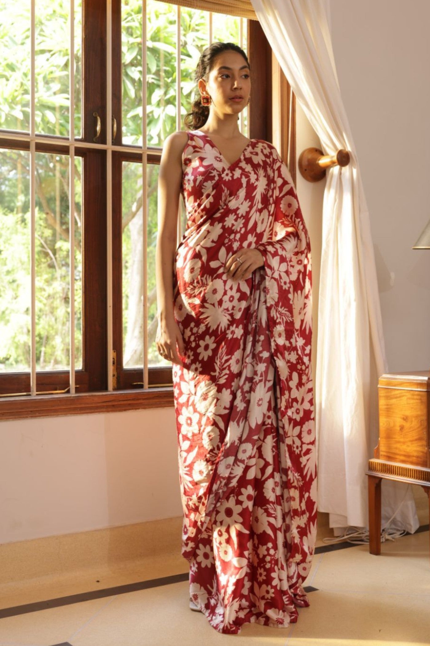 Buy MySilkLove Royal Maroon Floral Printed Satin Silk Saree Online