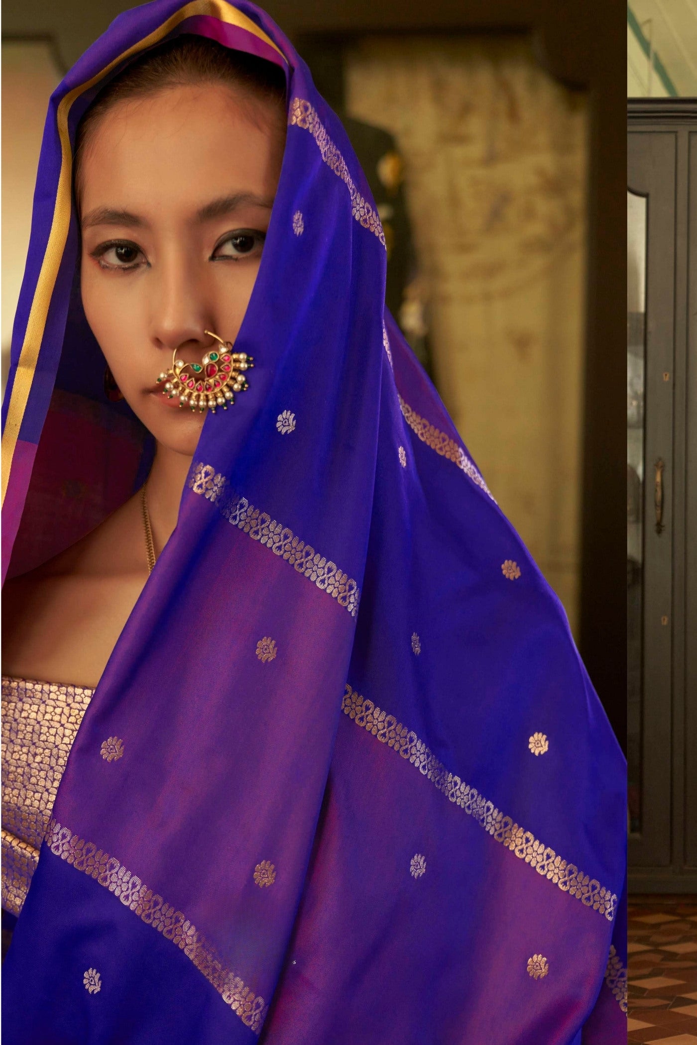 MySilkLove Stratos Blue Handloom Rangkat Banarasi Satin Silk Saree