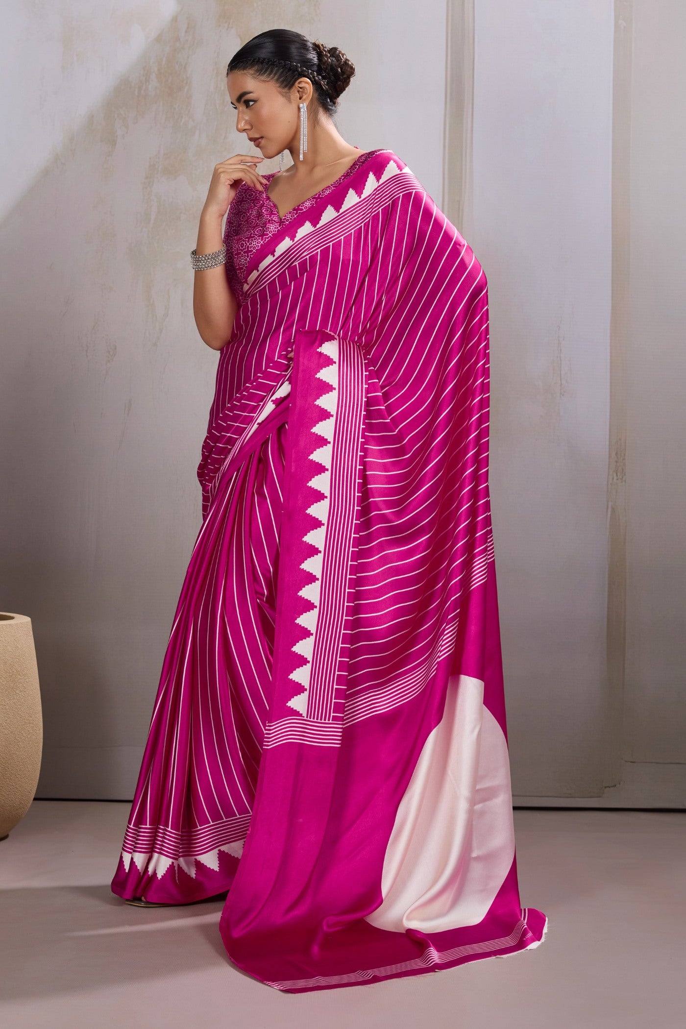 Buy MySilkLove Baby Pink Ajrakh Printed Satin Crepe Silk Saree Online