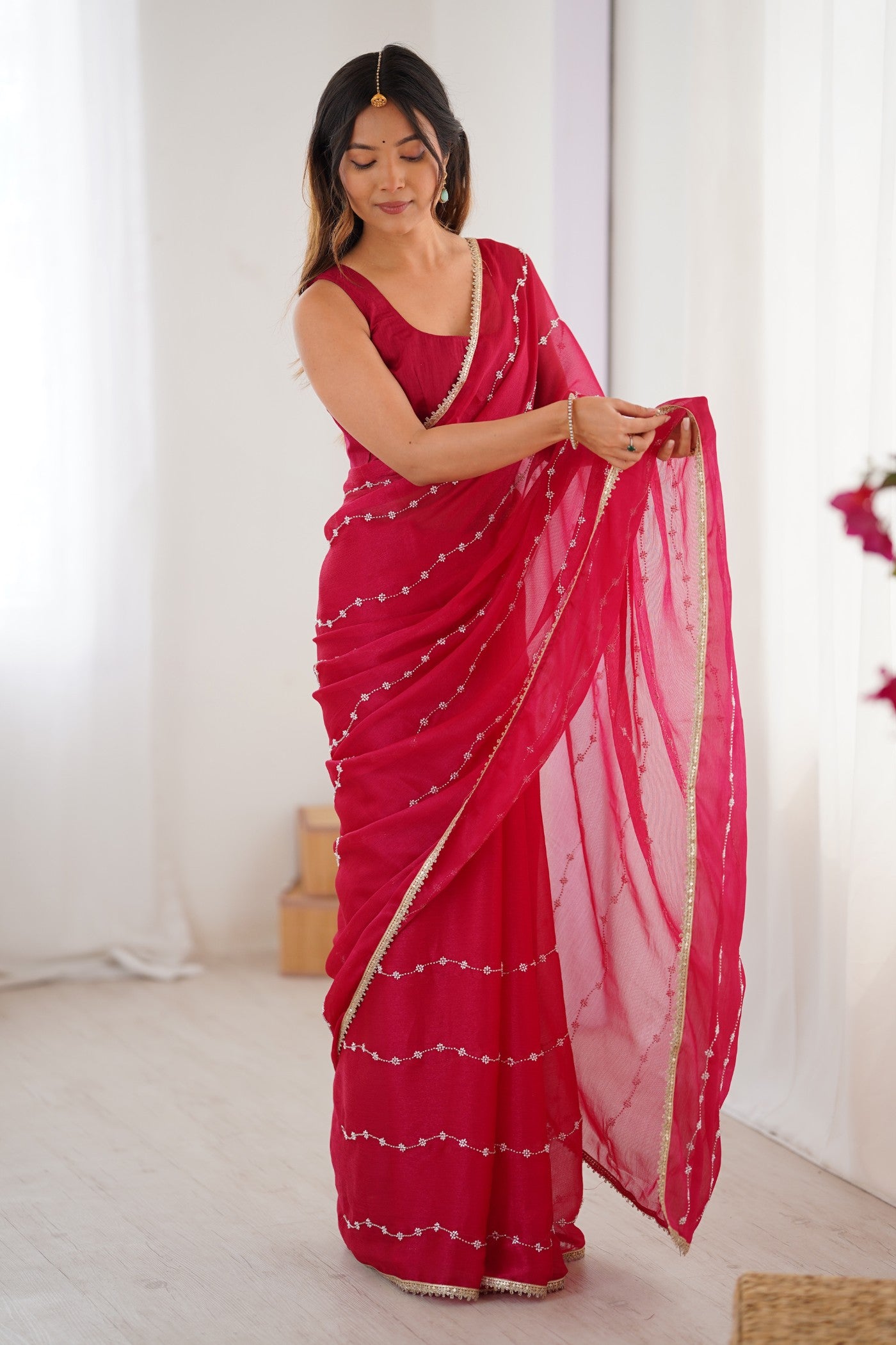 Buy MySilkLove Spanish Pink Chiffon Partywear Saree Online