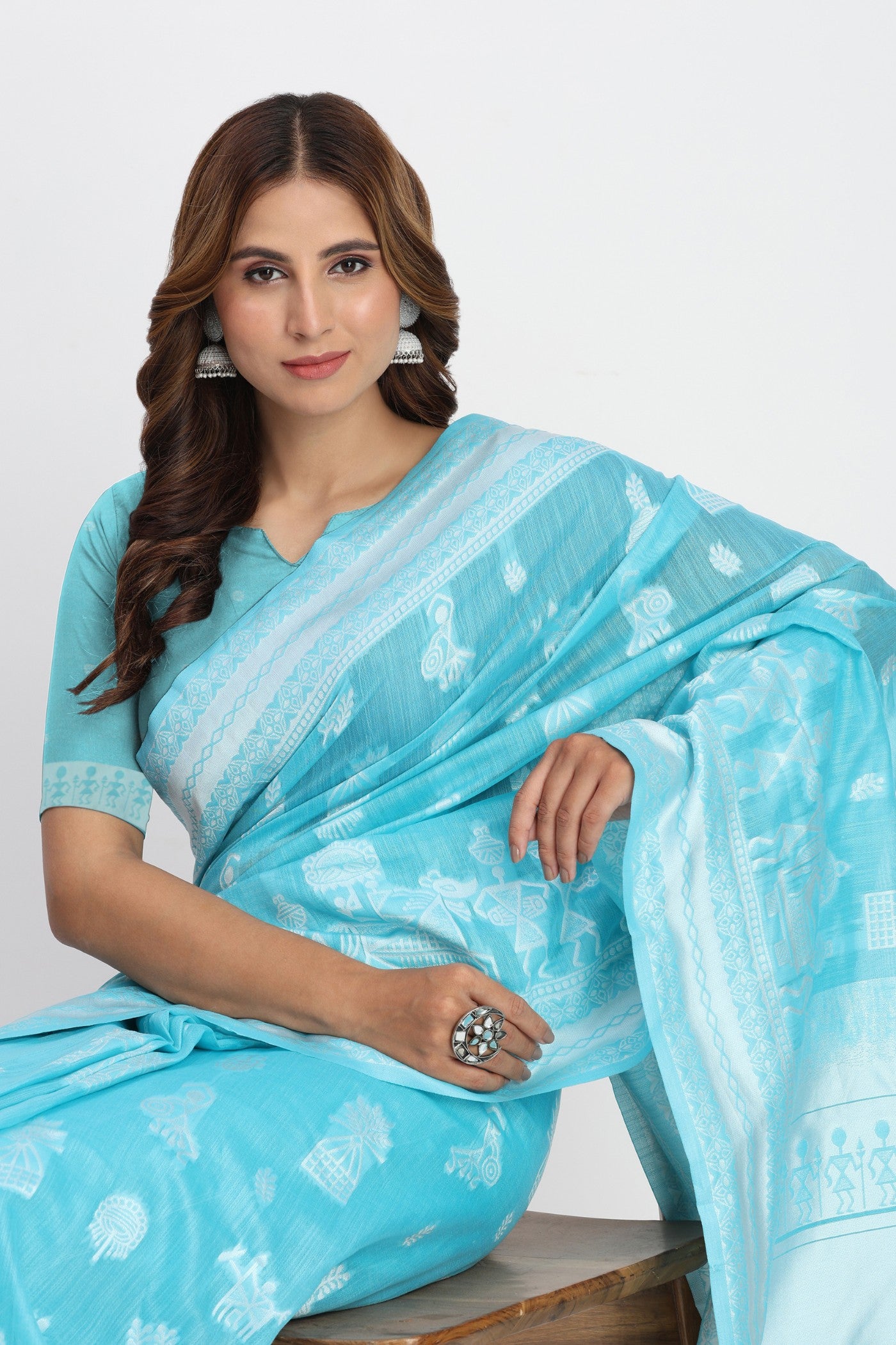 Buy MySilkLove Chathams Blue Woven Linen Cotton Saree Online