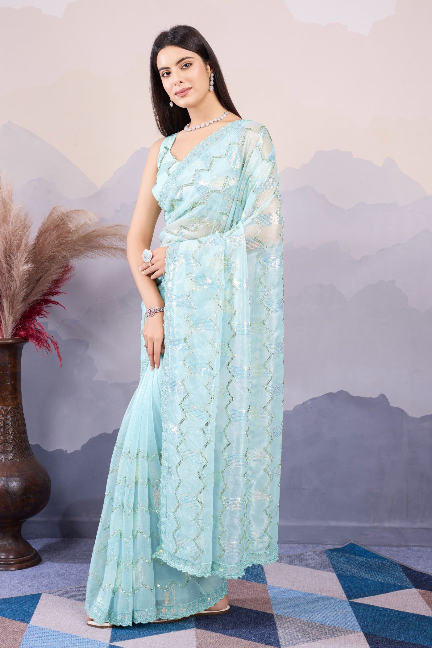 MySilkLove Sky Blue Designer Partywear Saree