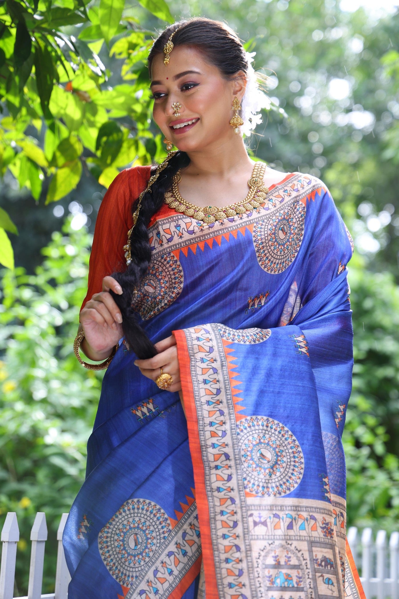 Buy MySilkLove Berkeley Blue Madhubani Tussar Printed Silk Saree Online