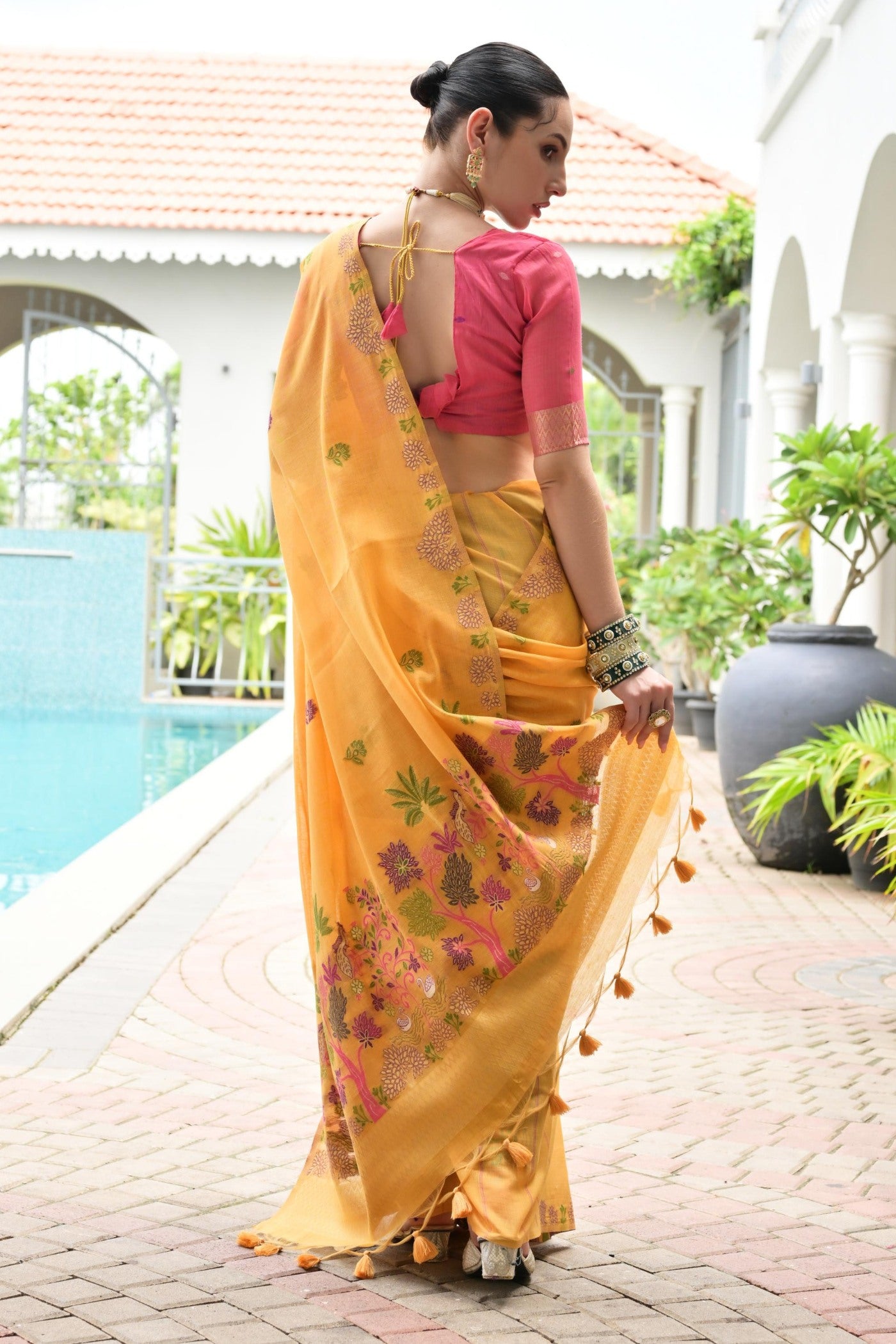 Buy MySilkLove Turmeric Yellow Woven Muga Cotton Saree Online