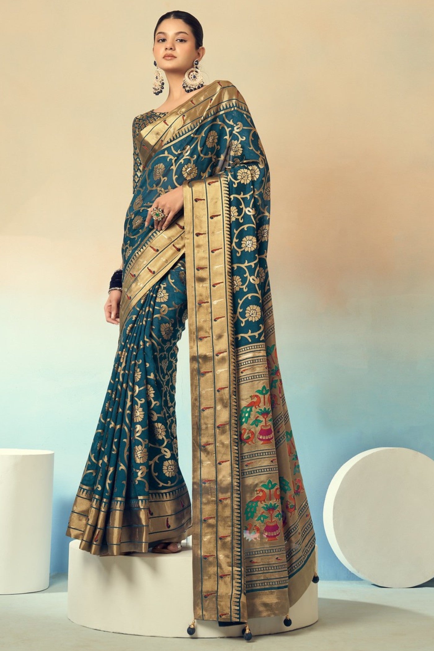 Buy MySilkLove Peacock Blue Designer Banarasi Georgette Saree Online