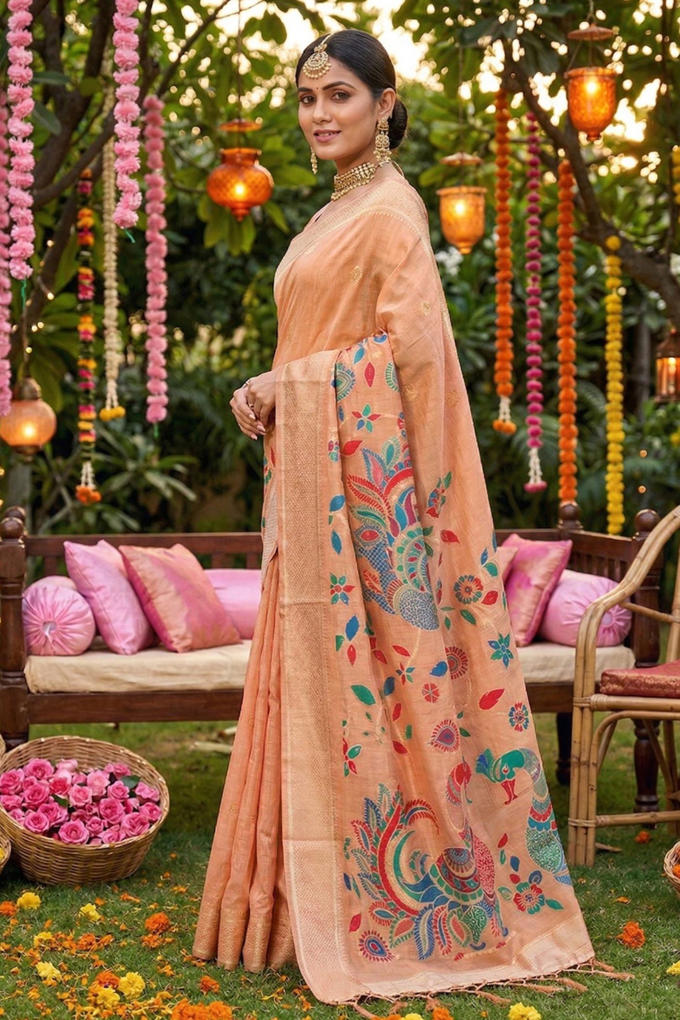 Buy MySilkLove Apricot Peach Woven Linen Cotton Saree Online