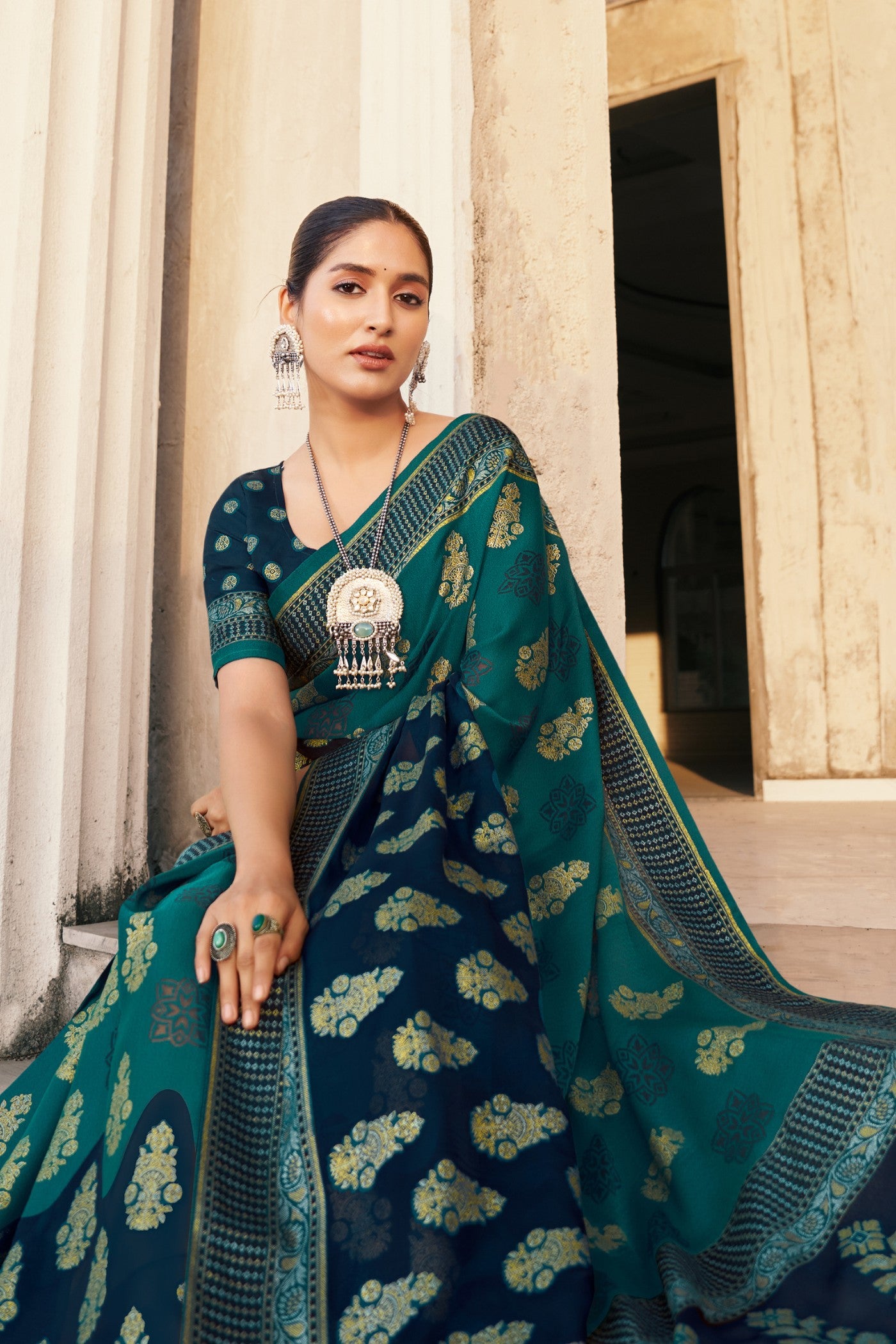 Buy MySilkLove Aqua Blue and Green Banarasi Georgette Saree Online