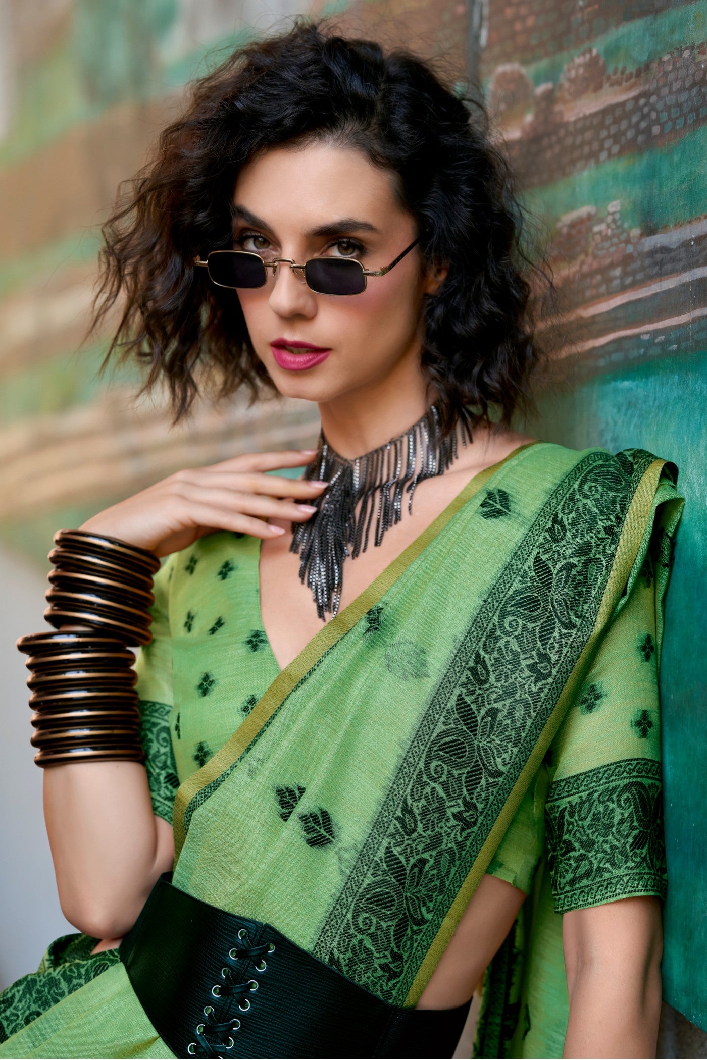 Buy MySilkLove Hunter Green Tissue Linen Saree Online