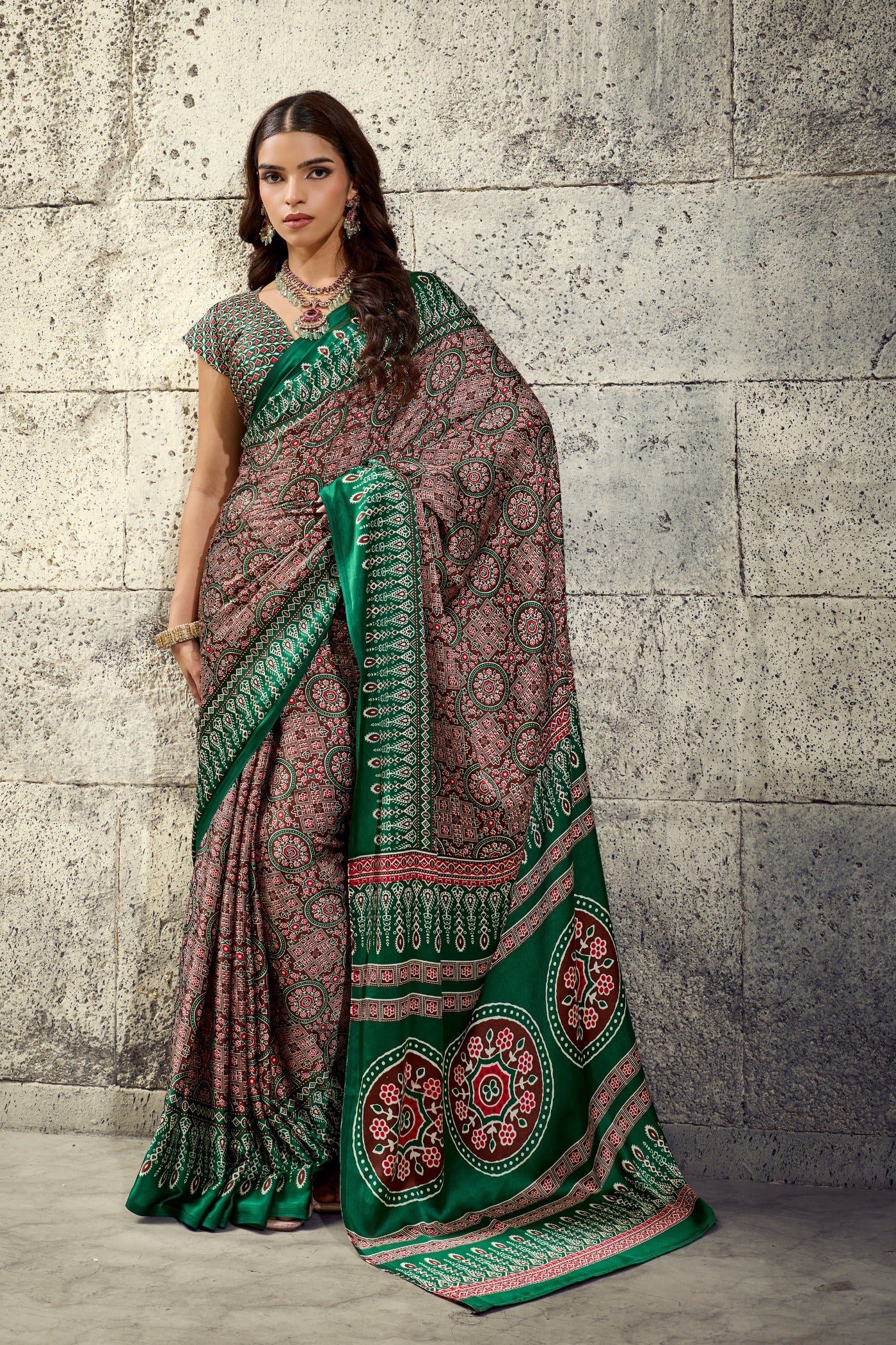 Buy MySilkLove Rust Brown and Green Modal Ajrakh Satin Printed Silk Saree Online