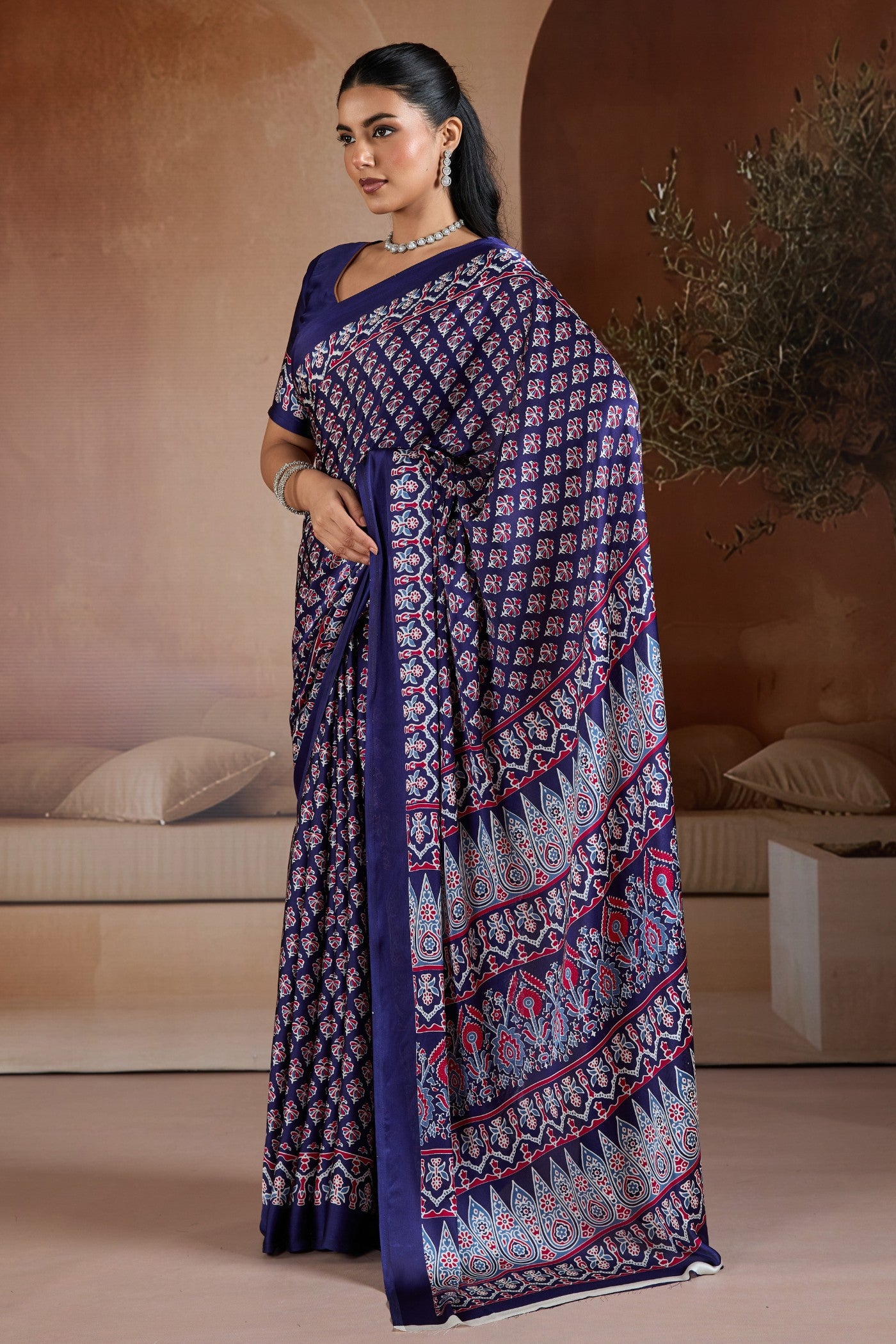 Buy MySilkLove Navy Blue Ajrakh Printed Satin Crepe Silk Saree Online