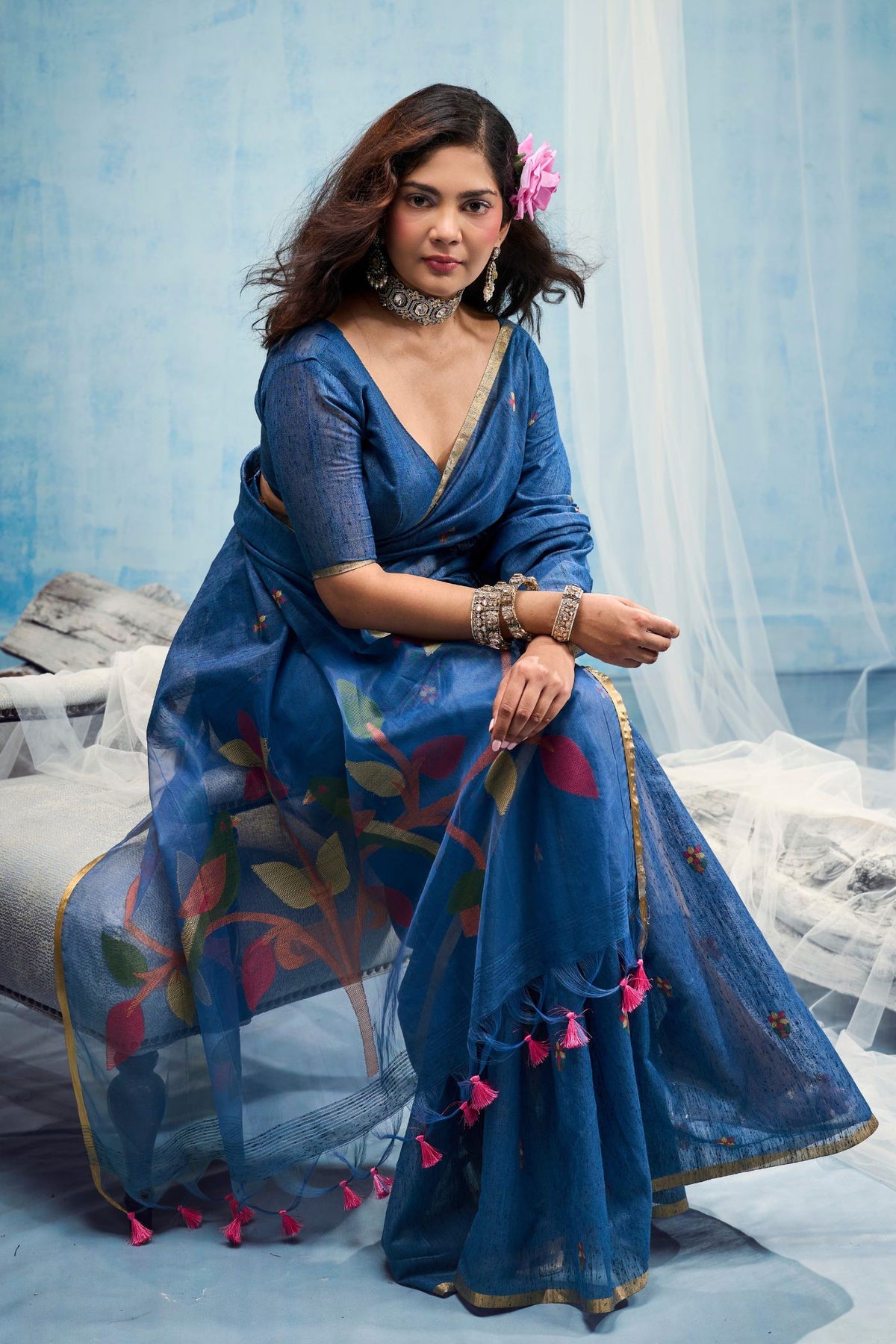 Buy MySilkLove Cornflower Blue Munga Handloom Silk Cotton Saree Online