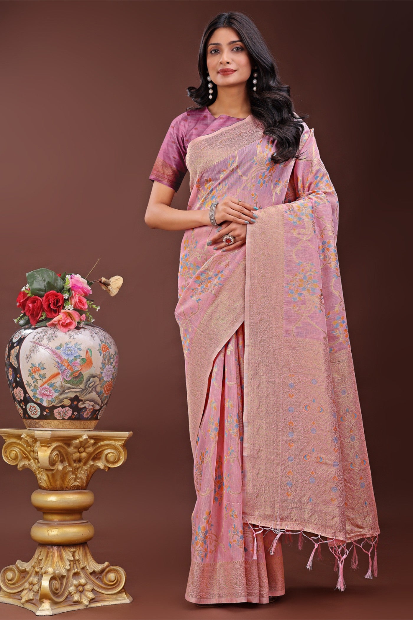 Buy MySilkLove Quicksand Pink Linen Cotton Saree Online