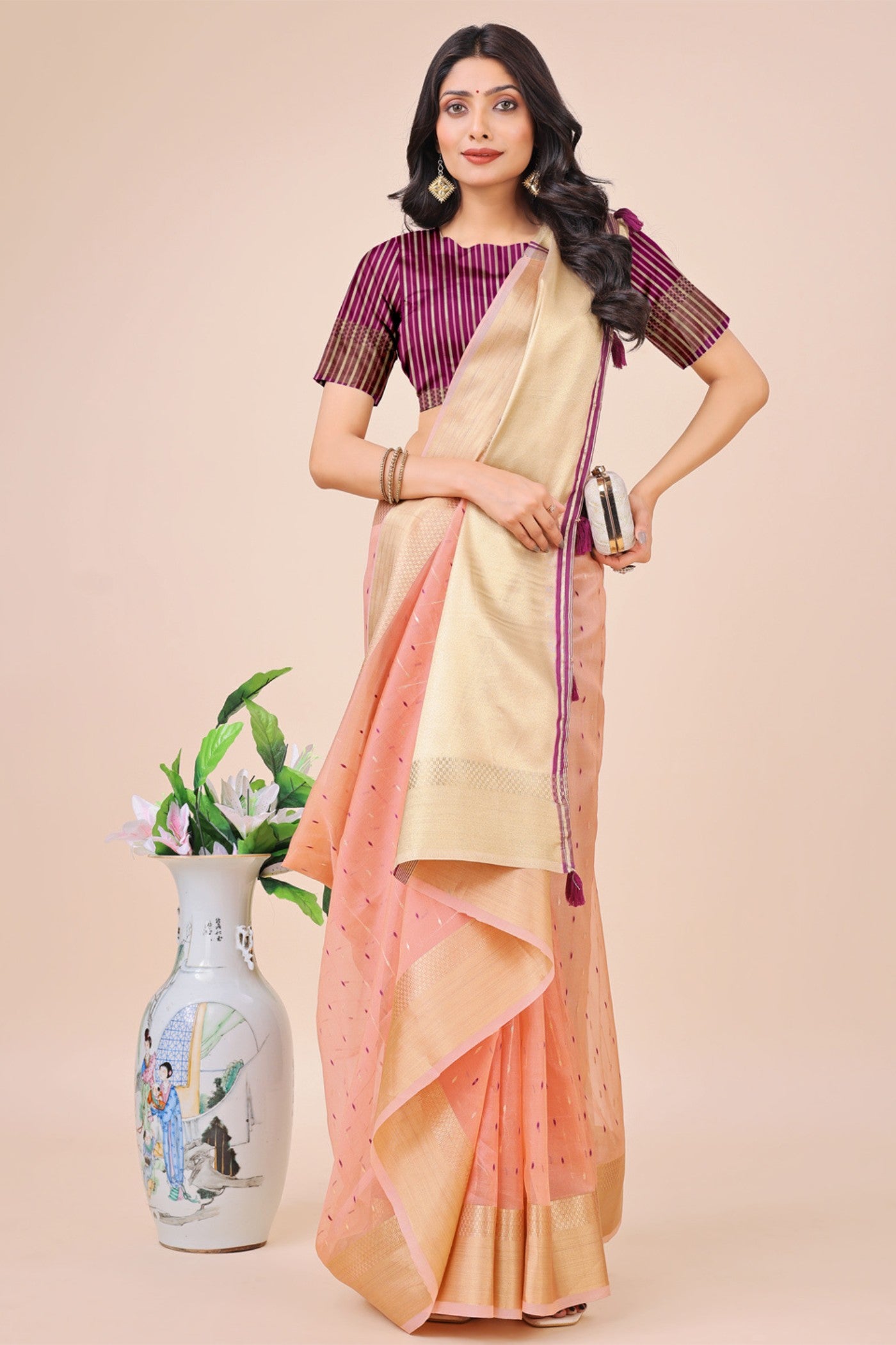 MySilkLove Melon Peach Woven Organza Saree