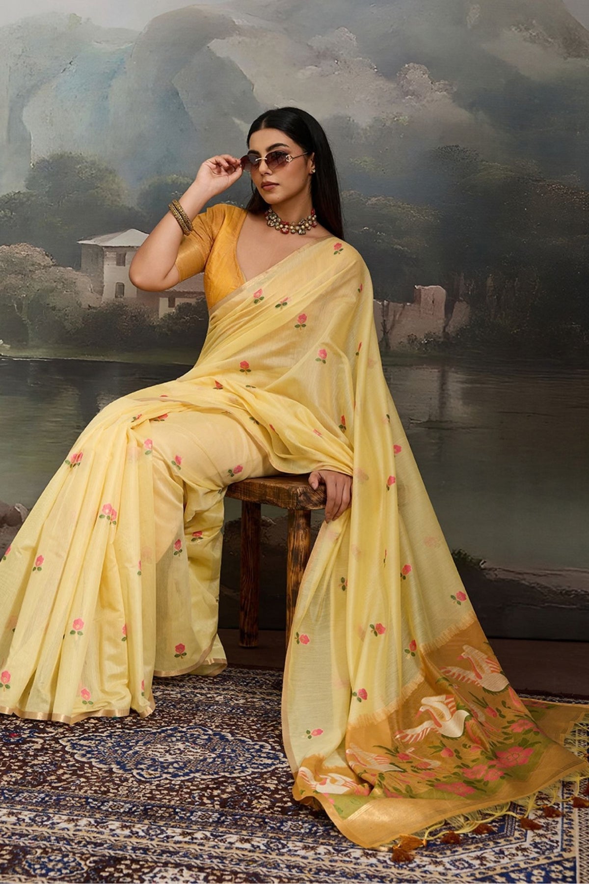 Buy MySilkLove Primrose Yellow Cotton Handloom Swan Saree Online
