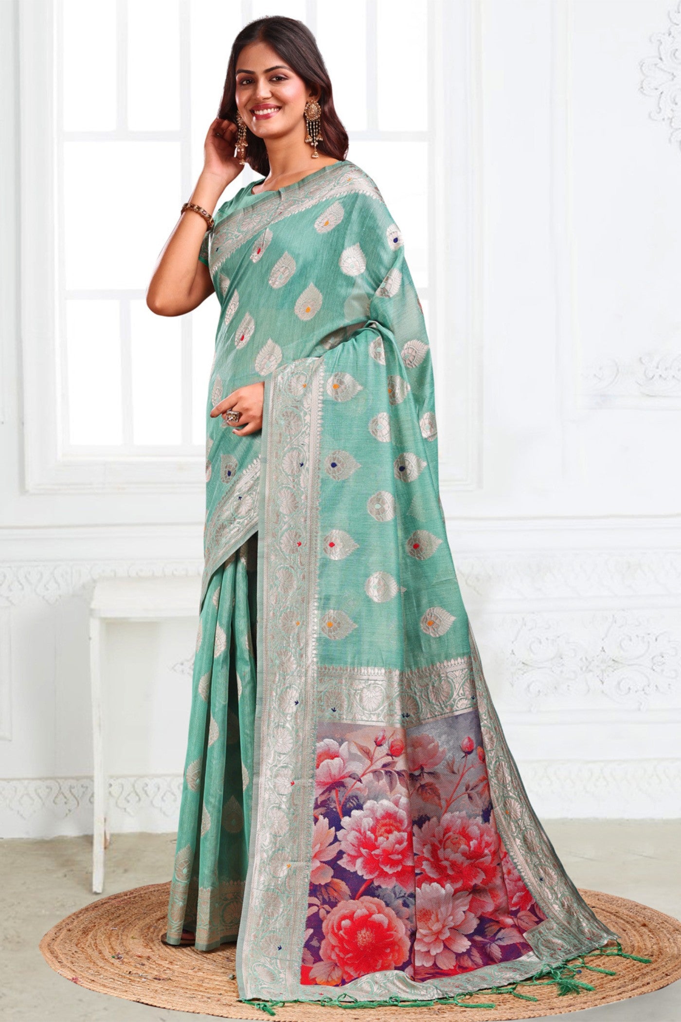 Buy MySilkLove Spring Green Woven Linen Cotton Saree Online