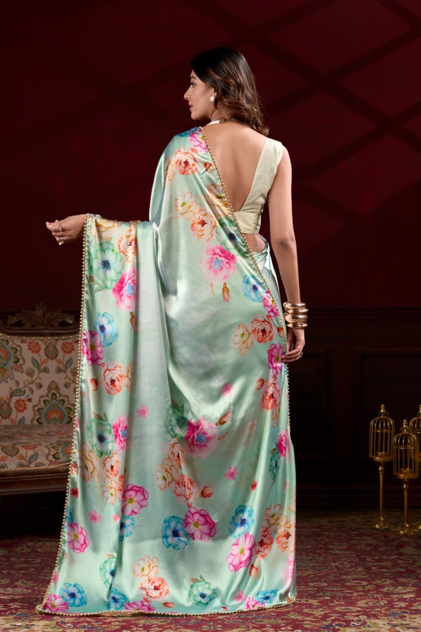 Buy MySilkLove Seafoam Green Floral Printed Satin Silk Saree Online