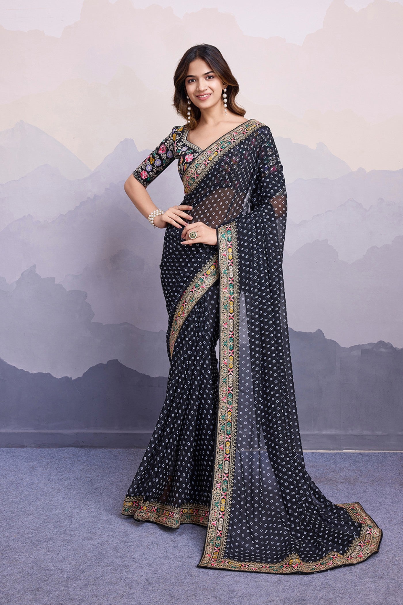 Buy MySilkLove Black Raisins Bandhani Georgette Printed Partywear Saree Online